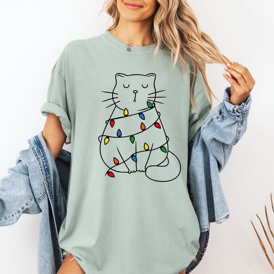 Christmas Cat, Lights, Cute, Cat Lover, Feline, Santa, Gift Tshirt Comfort Colors T-Shirt