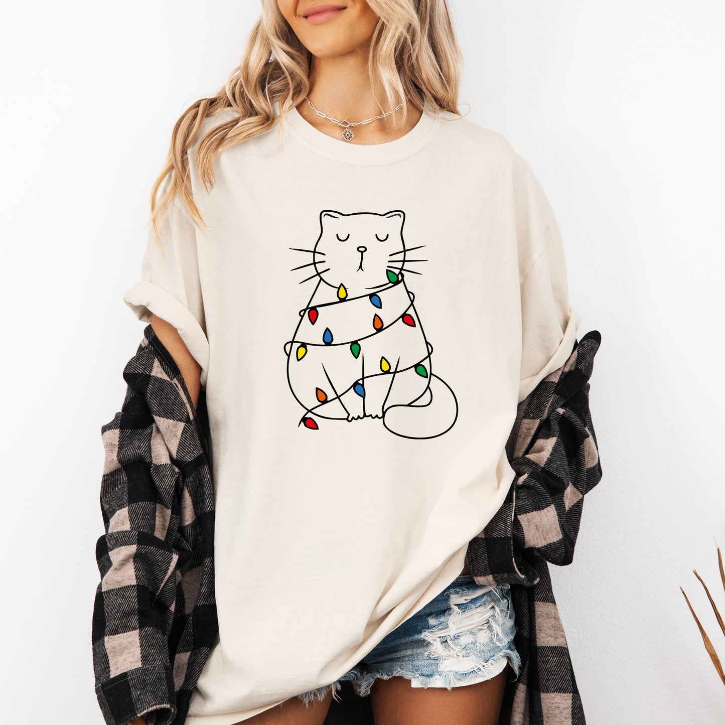 Christmas Cat, Lights, Cute, Cat Lover, Feline, Santa, Gift Tshirt Comfort Colors T-Shirt