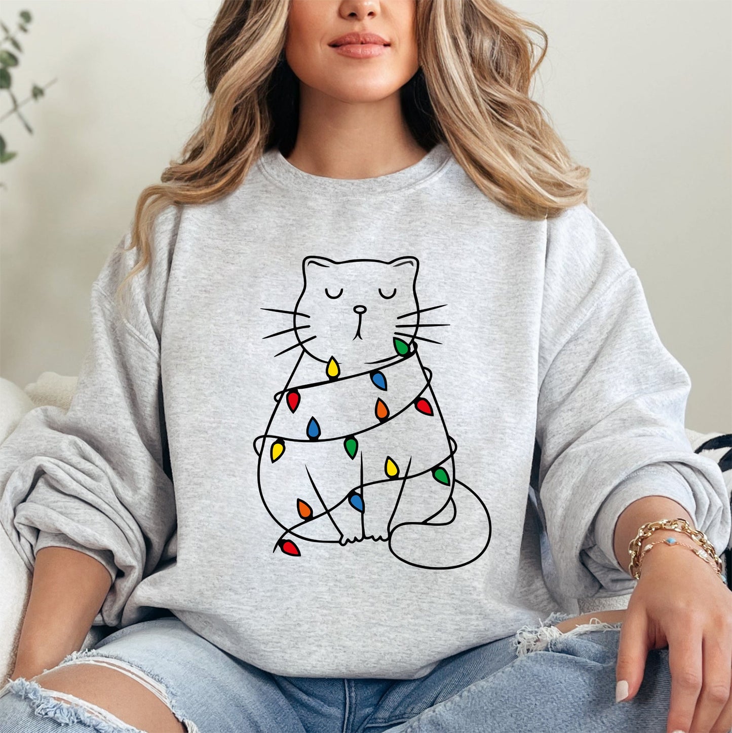 Christmas Cat, Lights, Cute, Cat Lover, Feline, Santa, Gift Sweatshirt