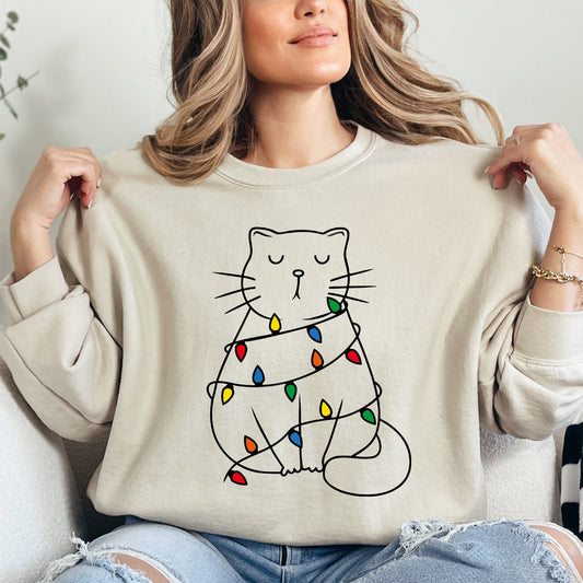 Christmas Cat, Lights, Cute, Cat Lover, Feline, Santa, Gift Sweatshirt