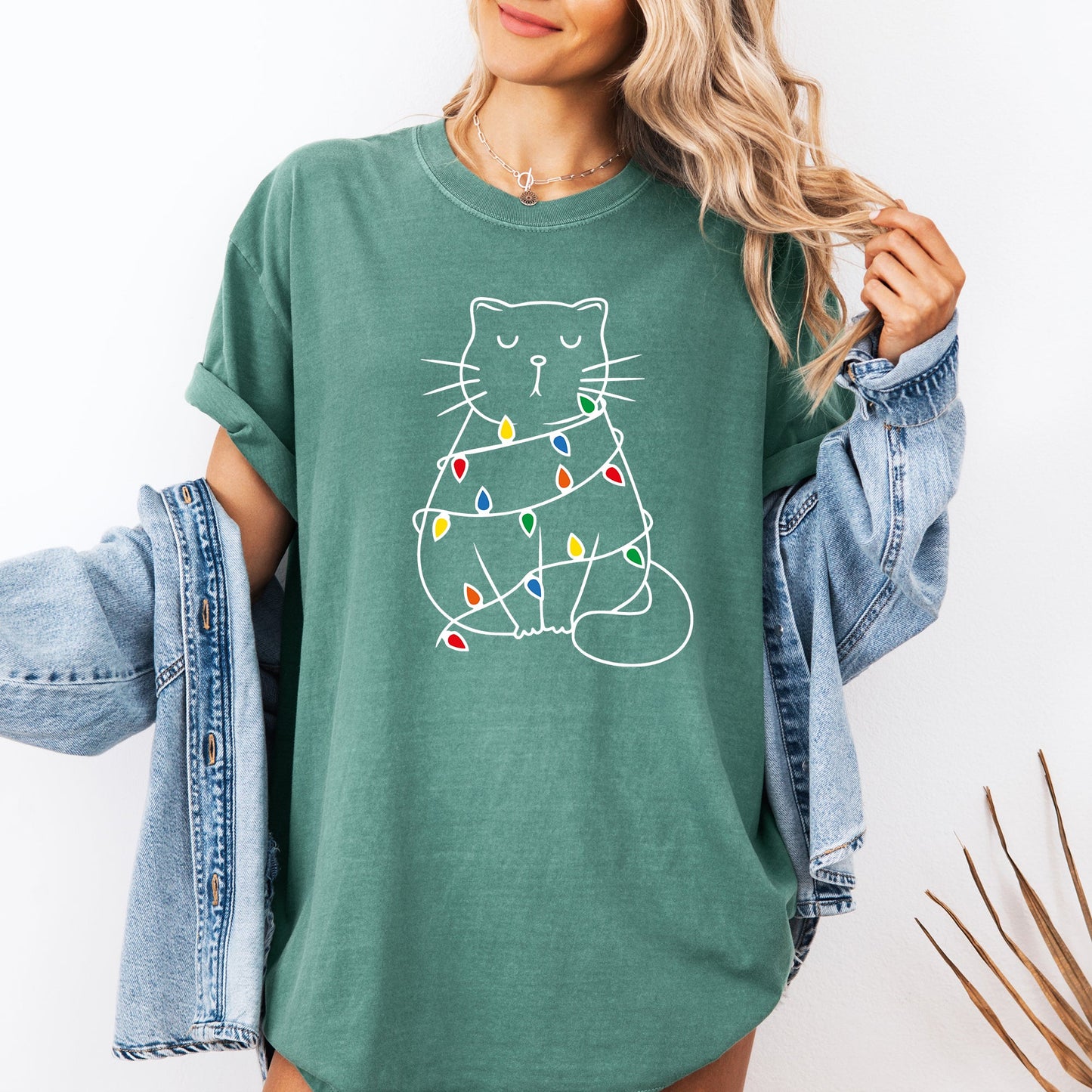 Christmas Cat, Lights, Cute, Cat Lover, Feline, Santa, Gift Tshirt Comfort Colors T-Shirt