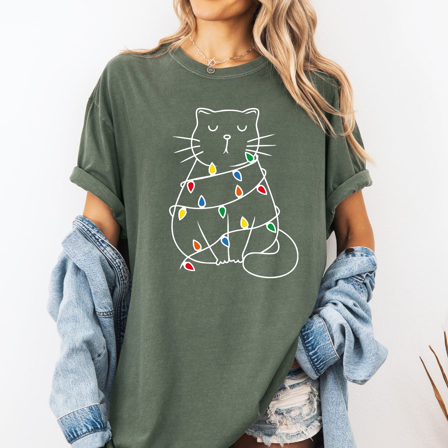 Christmas Cat, Lights, Cute, Cat Lover, Feline, Santa, Gift Tshirt Comfort Colors T-Shirt