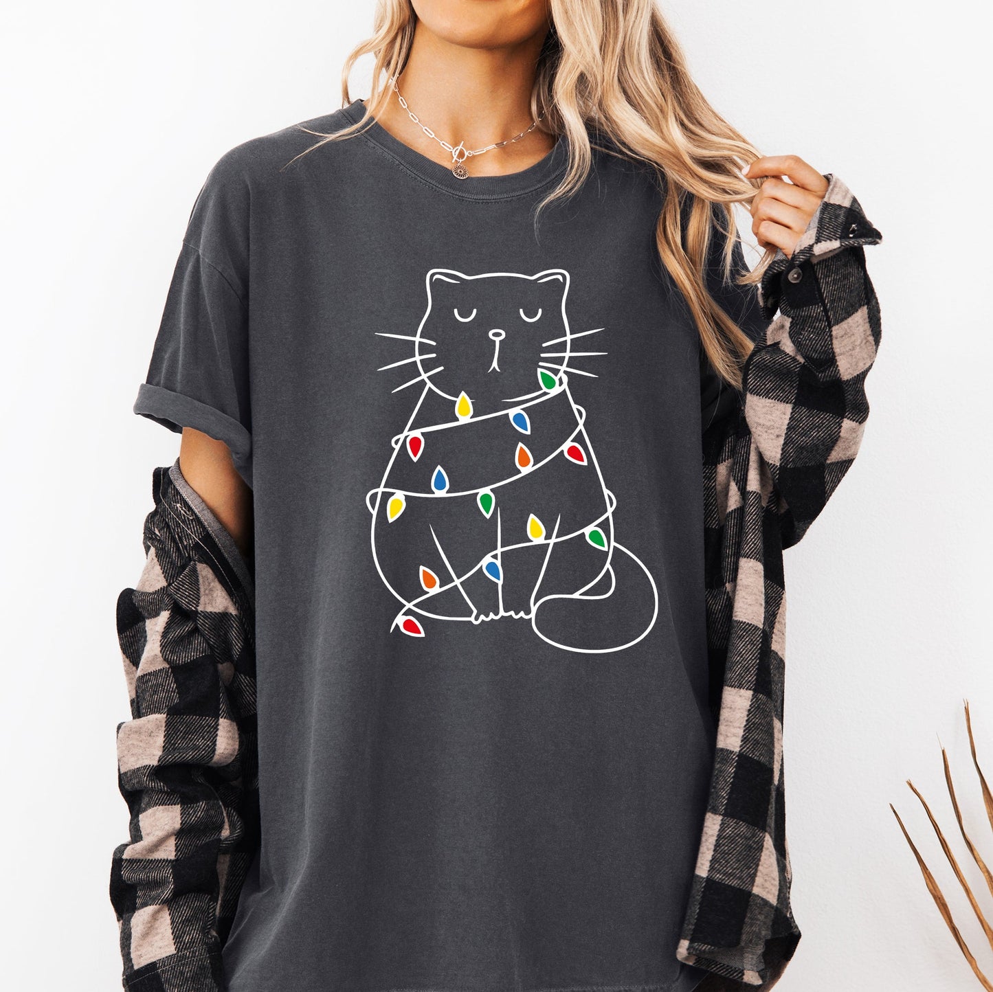 Christmas Cat, Lights, Cute, Cat Lover, Feline, Santa, Gift Tshirt Comfort Colors T-Shirt