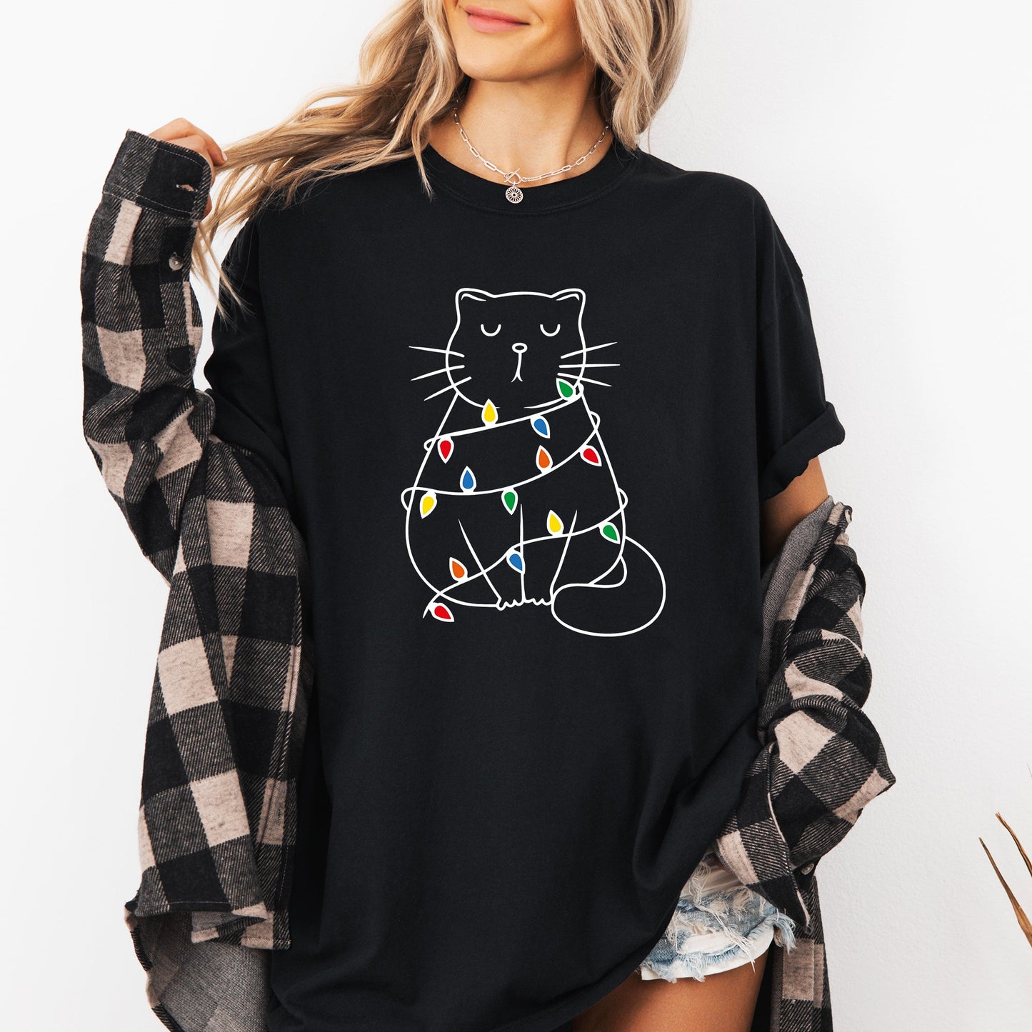 Christmas Cat, Lights, Cute, Cat Lover, Feline, Santa, Gift Tshirt Comfort Colors T-Shirt