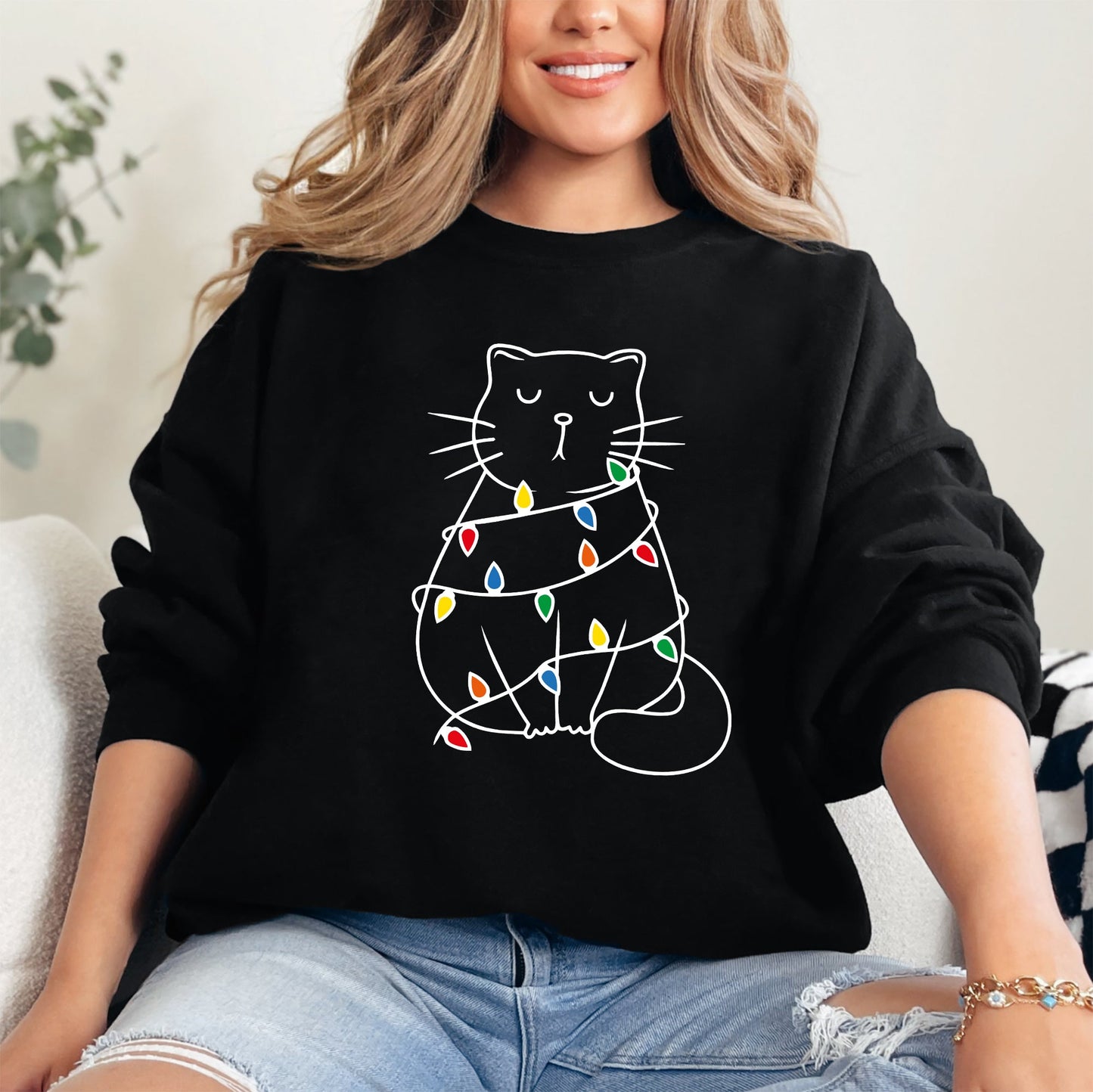 Christmas Cat, Lights, Cute, Cat Lover, Feline, Santa, Gift Sweatshirt