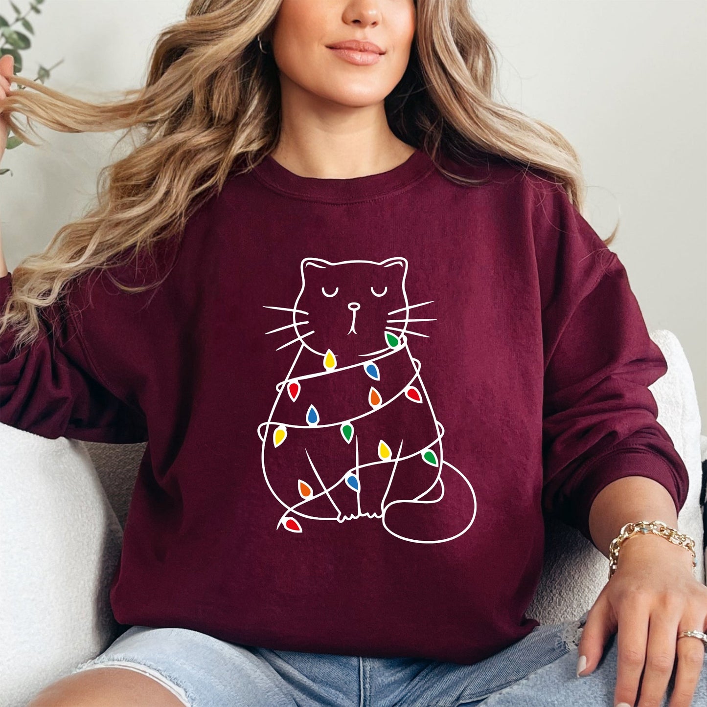 Christmas Cat, Lights, Cute, Cat Lover, Feline, Santa, Gift Sweatshirt