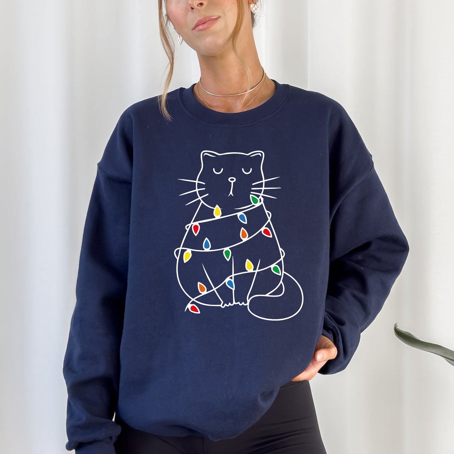 Christmas Cat, Lights, Cute, Cat Lover, Feline, Santa, Gift Sweatshirt