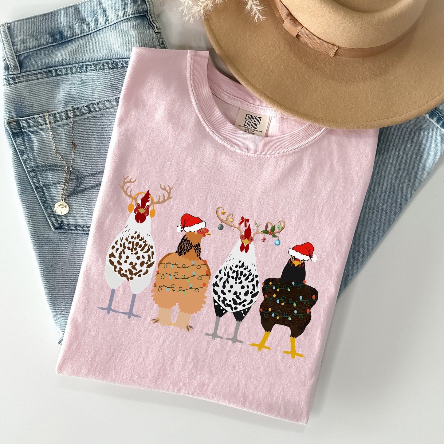 Christmas Chickens In A Row, Chicken Lovers, Santa, Farm Life, Winter, Snow, Xmas Tshirt Comfort Colors T-Shirt