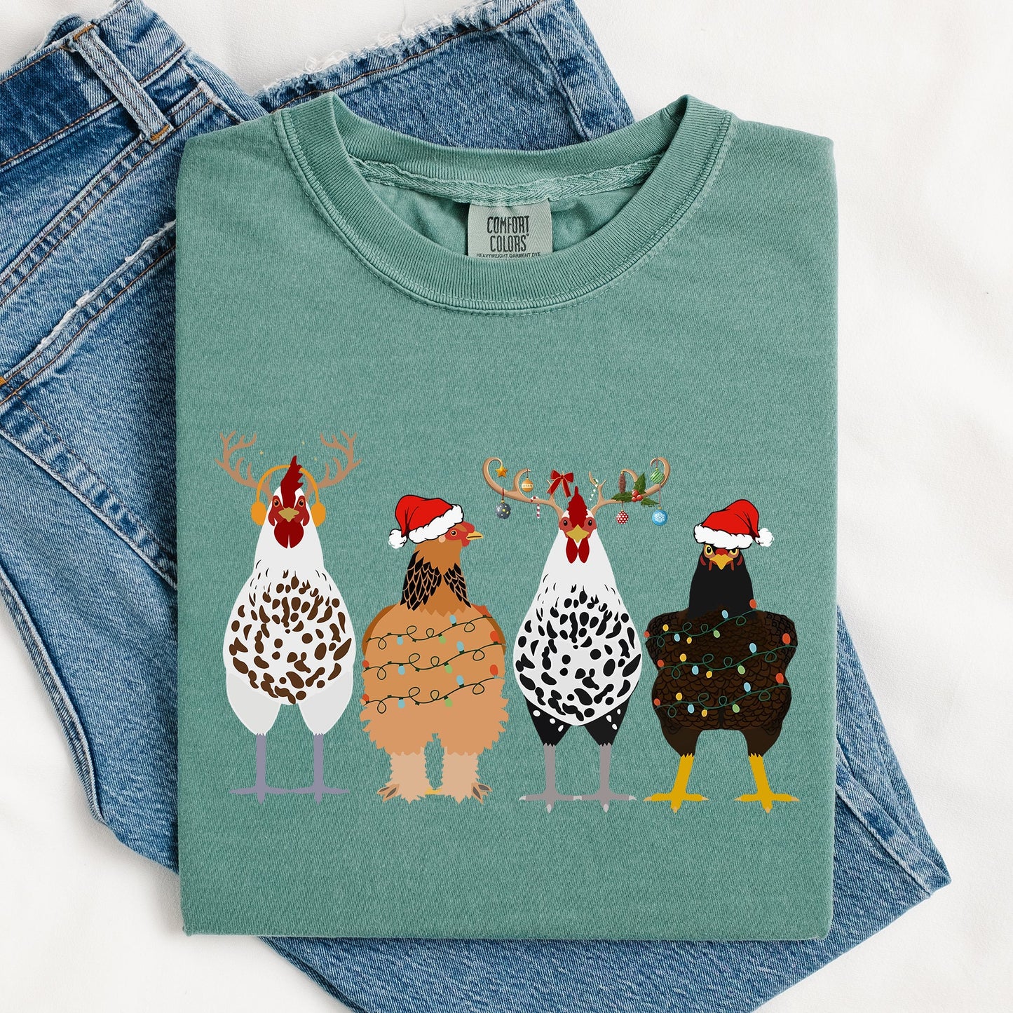 Christmas Chickens In A Row, Chicken Lovers, Santa, Farm Life, Winter, Snow, Xmas Tshirt Comfort Colors T-Shirt