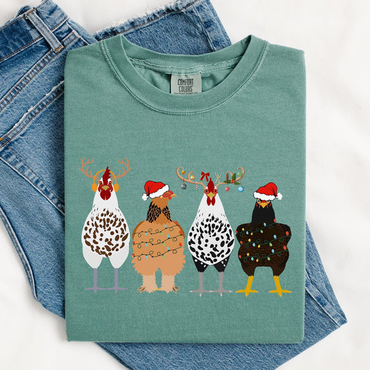 Christmas Chickens In A Row, Chicken Lovers, Santa, Farm Life, Winter, Snow, Xmas Tshirt Comfort Colors T-Shirt