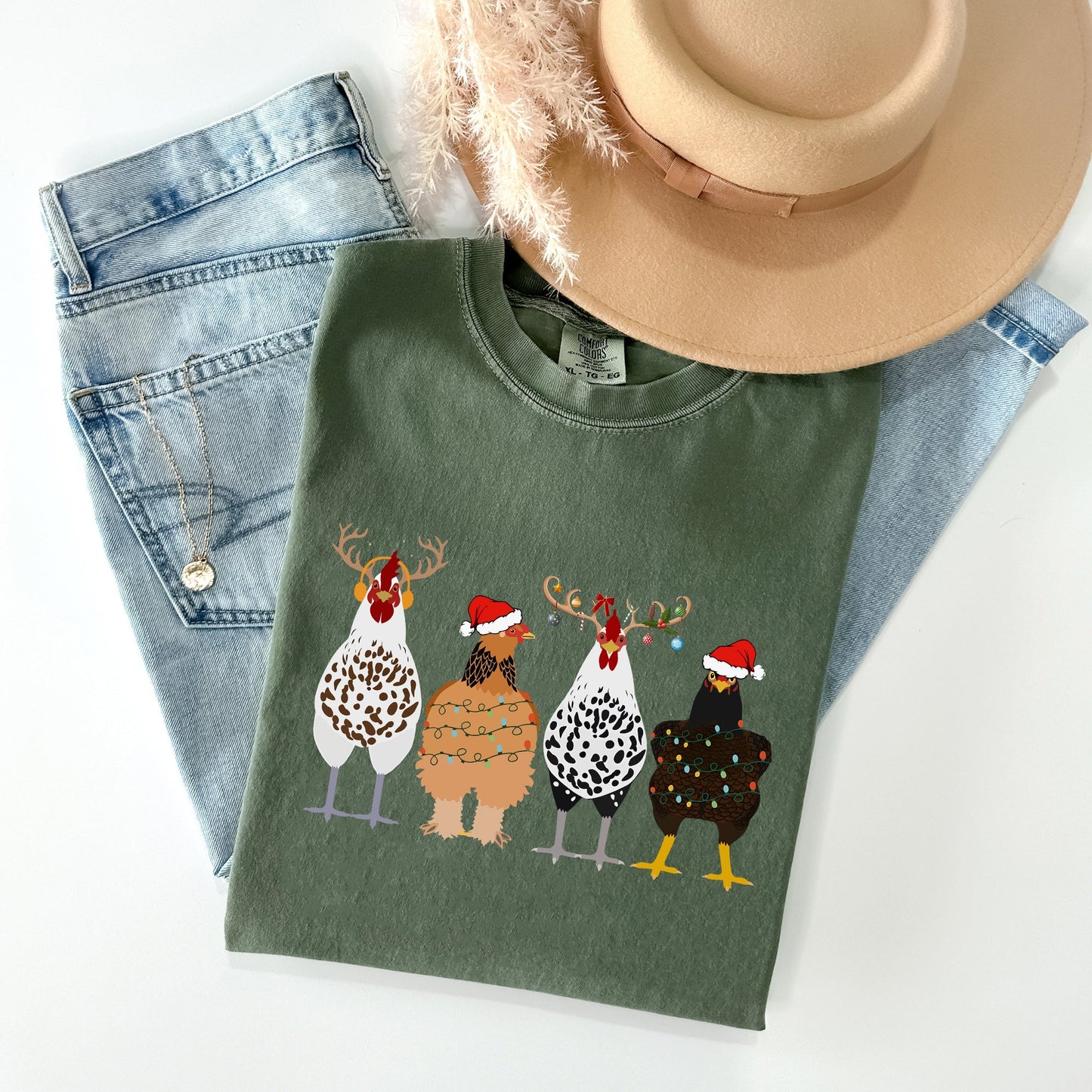 Christmas Chickens In A Row, Chicken Lovers, Santa, Farm Life, Winter, Snow, Xmas Tshirt Comfort Colors T-Shirt
