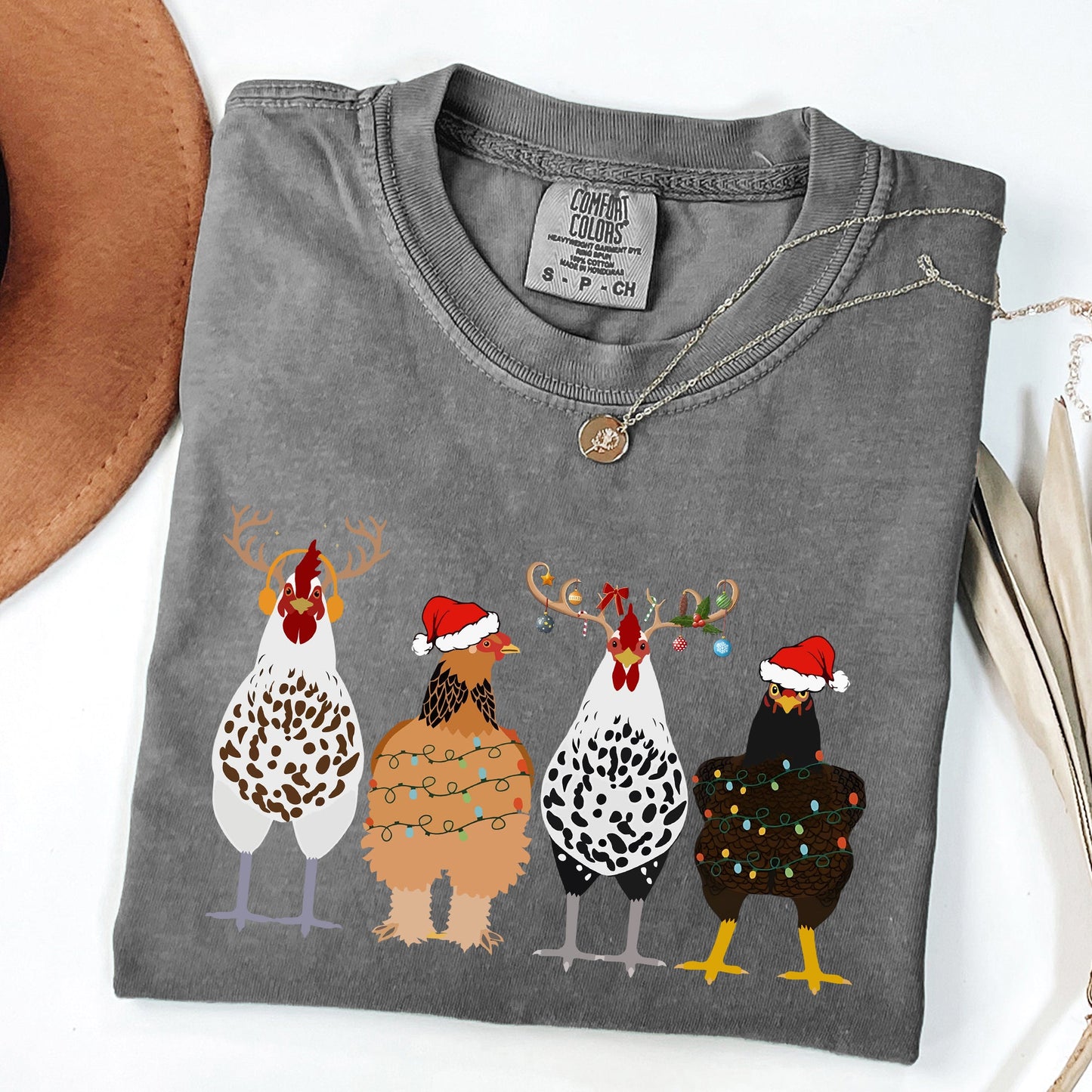 Christmas Chickens In A Row, Chicken Lovers, Santa, Farm Life, Winter, Snow, Xmas Tshirt Comfort Colors T-Shirt