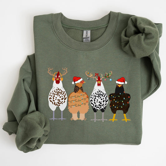 Christmas Chickens In A Row, Chicken Lovers, Santa, Farm Life, Winter, Snow, Xmas Sweatshirt