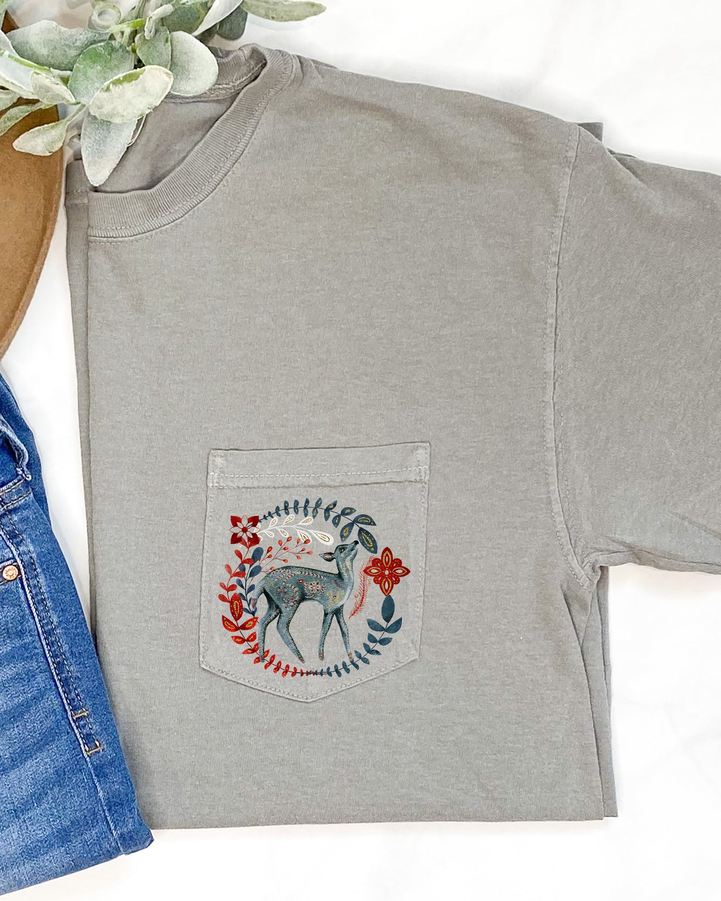 Christmas Deer, Pocket, Folk Art, Santa, Winter, Snow, Xmas, Flowers, Floral Pocket Tee Comfort Colors T-Shirt