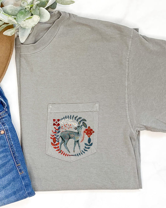 Christmas Deer, Pocket, Folk Art, Santa, Winter, Snow, Xmas, Flowers, Floral Pocket Tee Comfort Colors T-Shirt