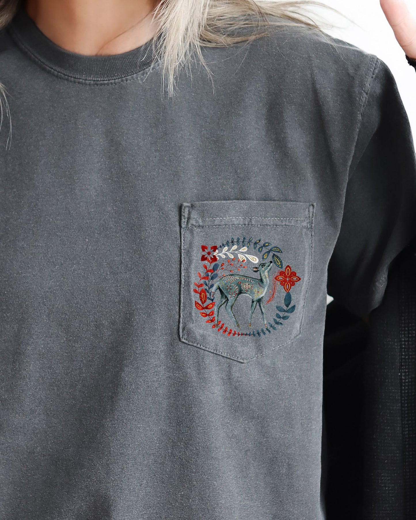 Christmas Deer, Pocket, Folk Art, Santa, Winter, Snow, Xmas, Flowers, Floral Pocket Tee Comfort Colors T-Shirt