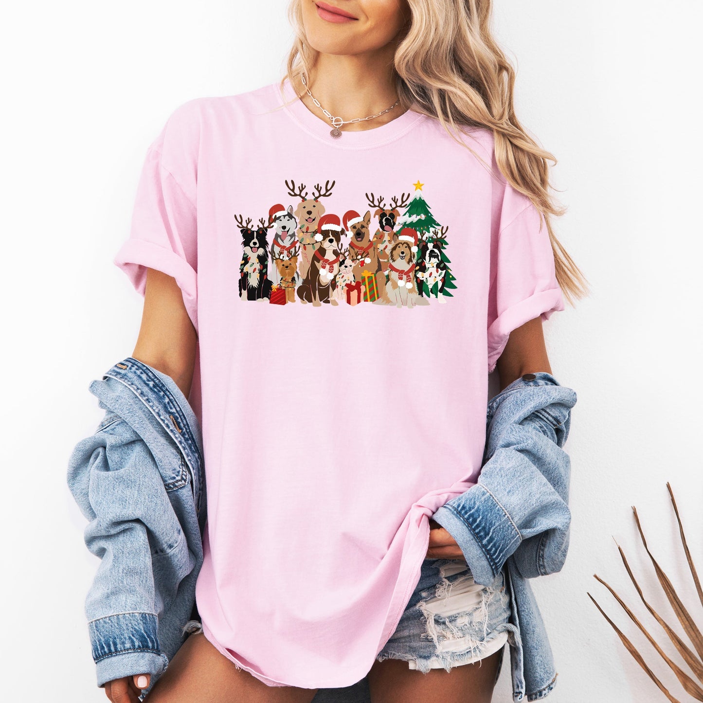 Christmas Dogs, Antlers, Reindeer, Santa, Dog Lover Tshirt Comfort Colors T-Shirt