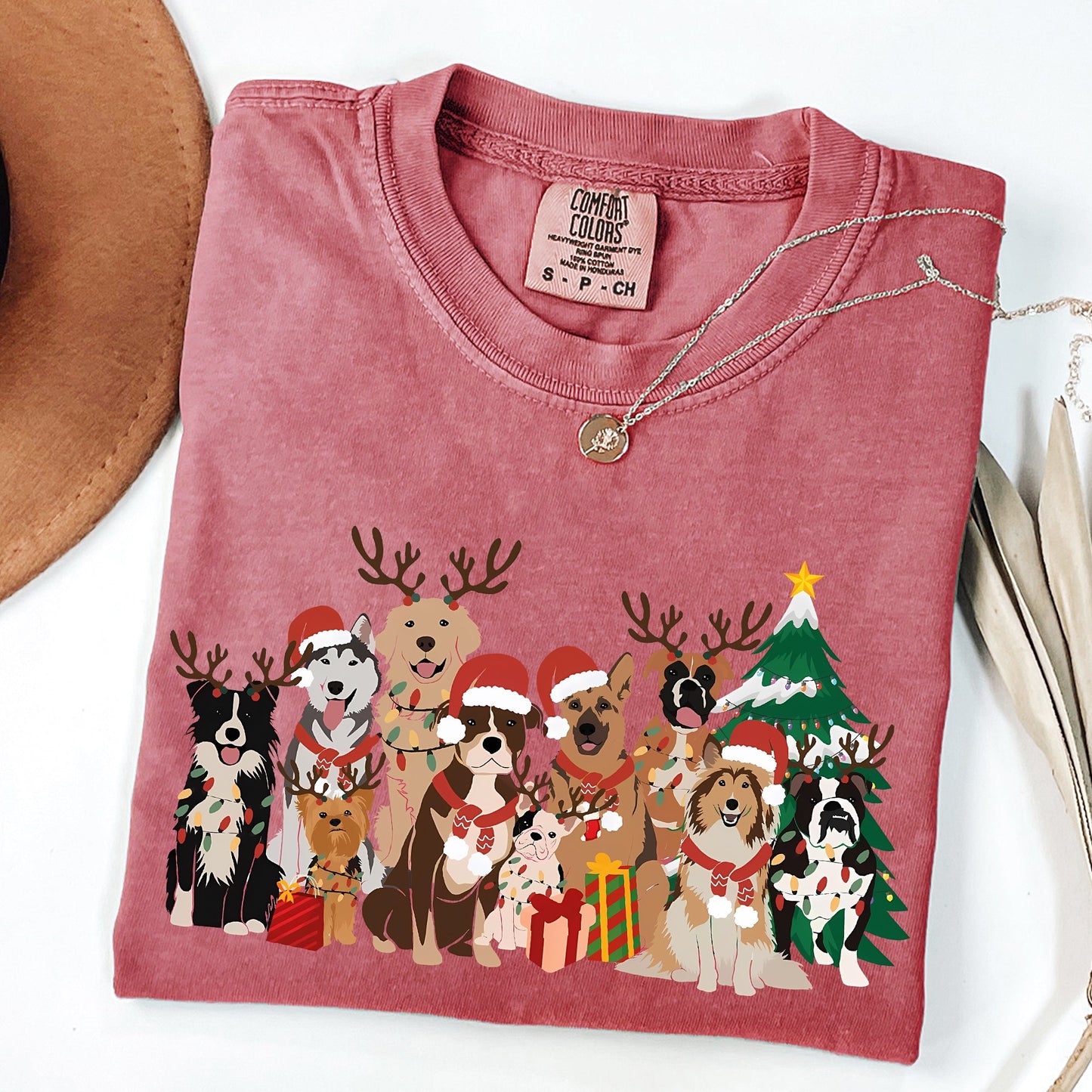 Christmas Dogs, Antlers, Reindeer, Santa, Dog Lover Tshirt Comfort Colors T-Shirt