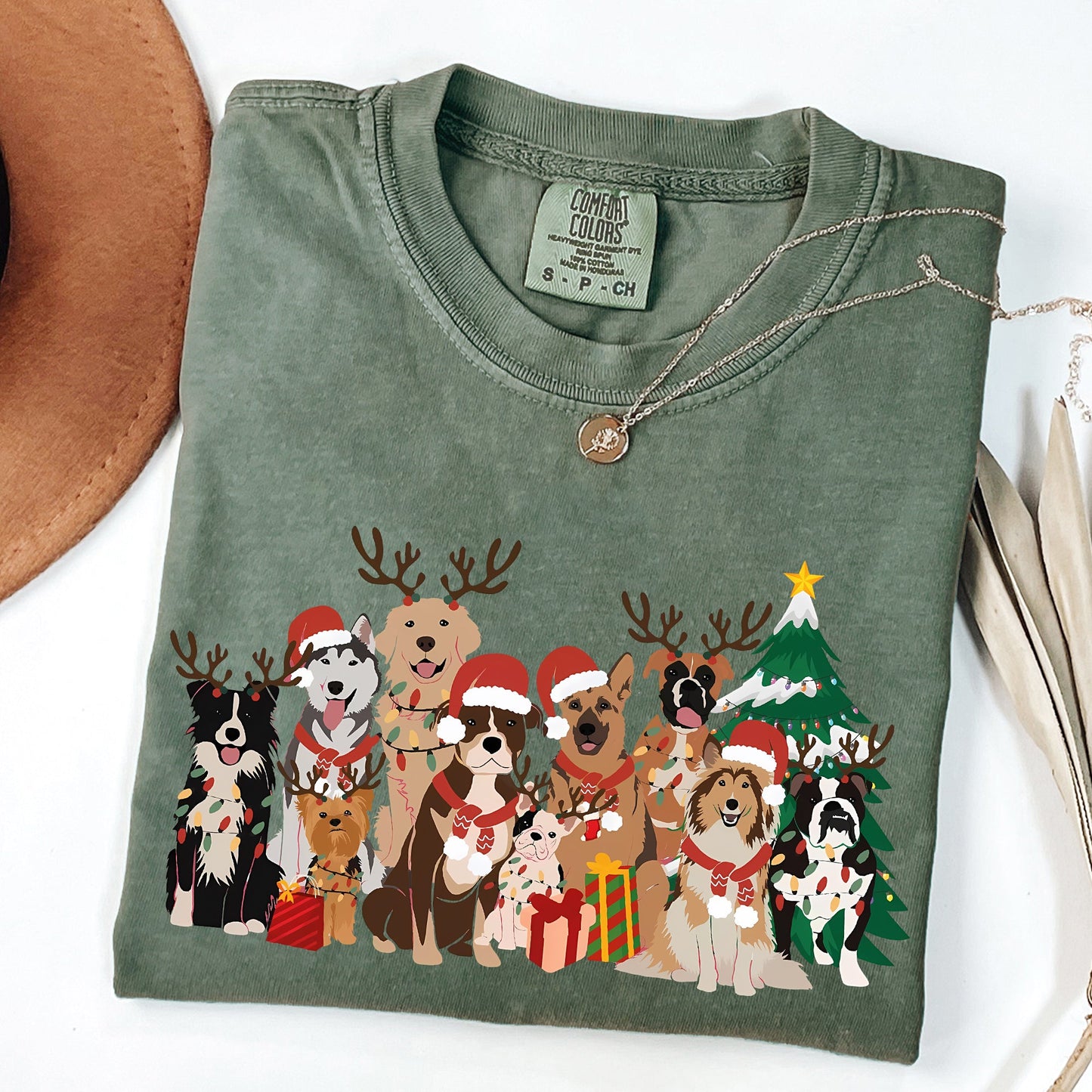 Christmas Dogs, Antlers, Reindeer, Santa, Dog Lover Tshirt Comfort Colors T-Shirt