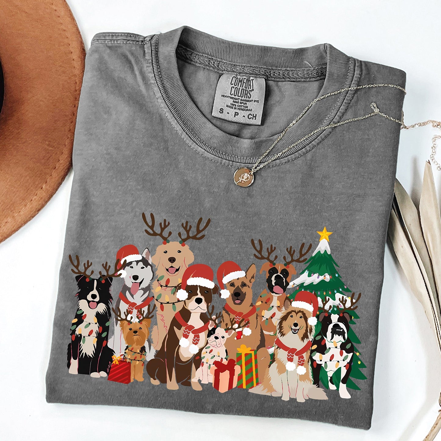 Christmas Dogs, Antlers, Reindeer, Santa, Dog Lover Tshirt Comfort Colors T-Shirt