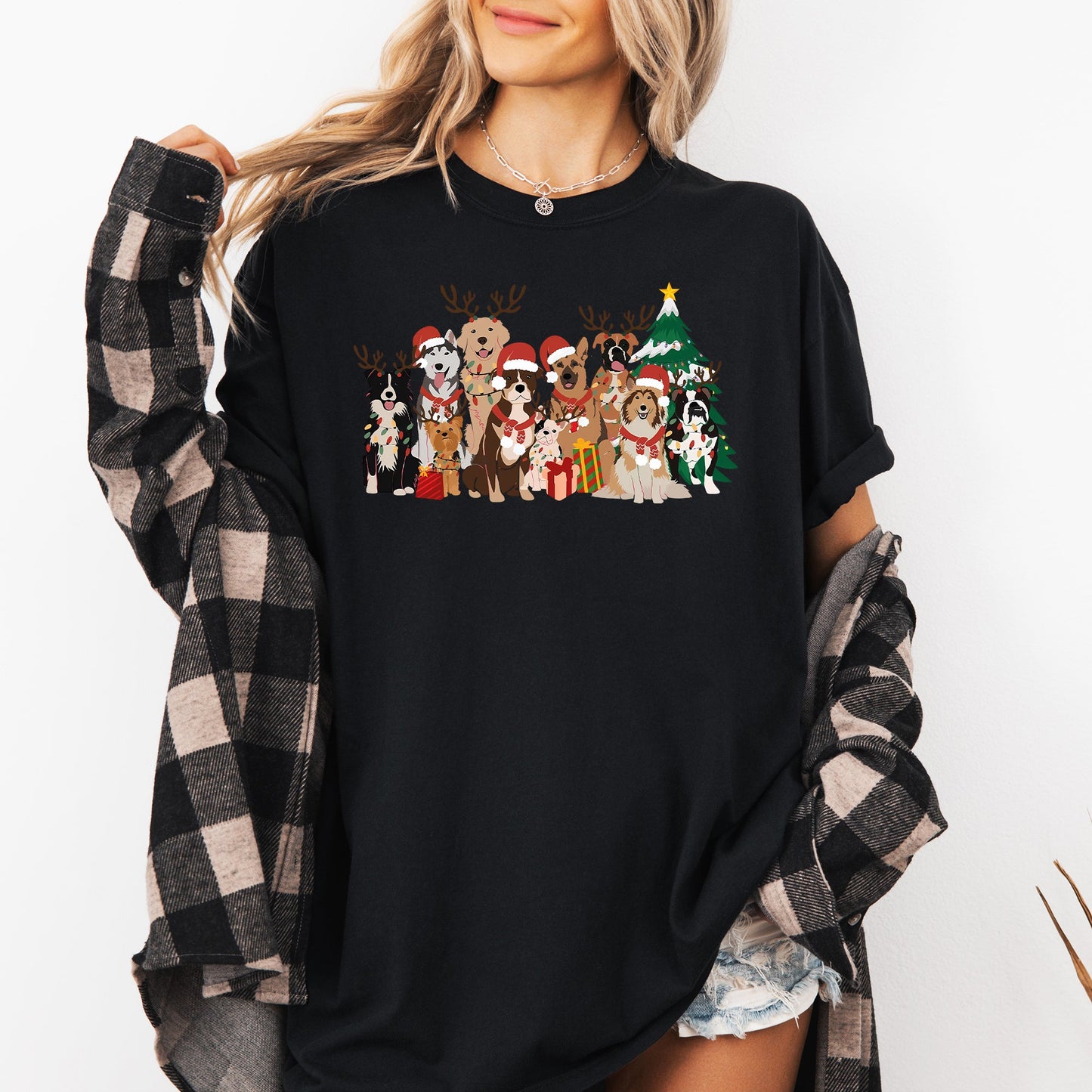 Christmas Dogs, Antlers, Reindeer, Santa, Dog Lover Tshirt Comfort Colors T-Shirt