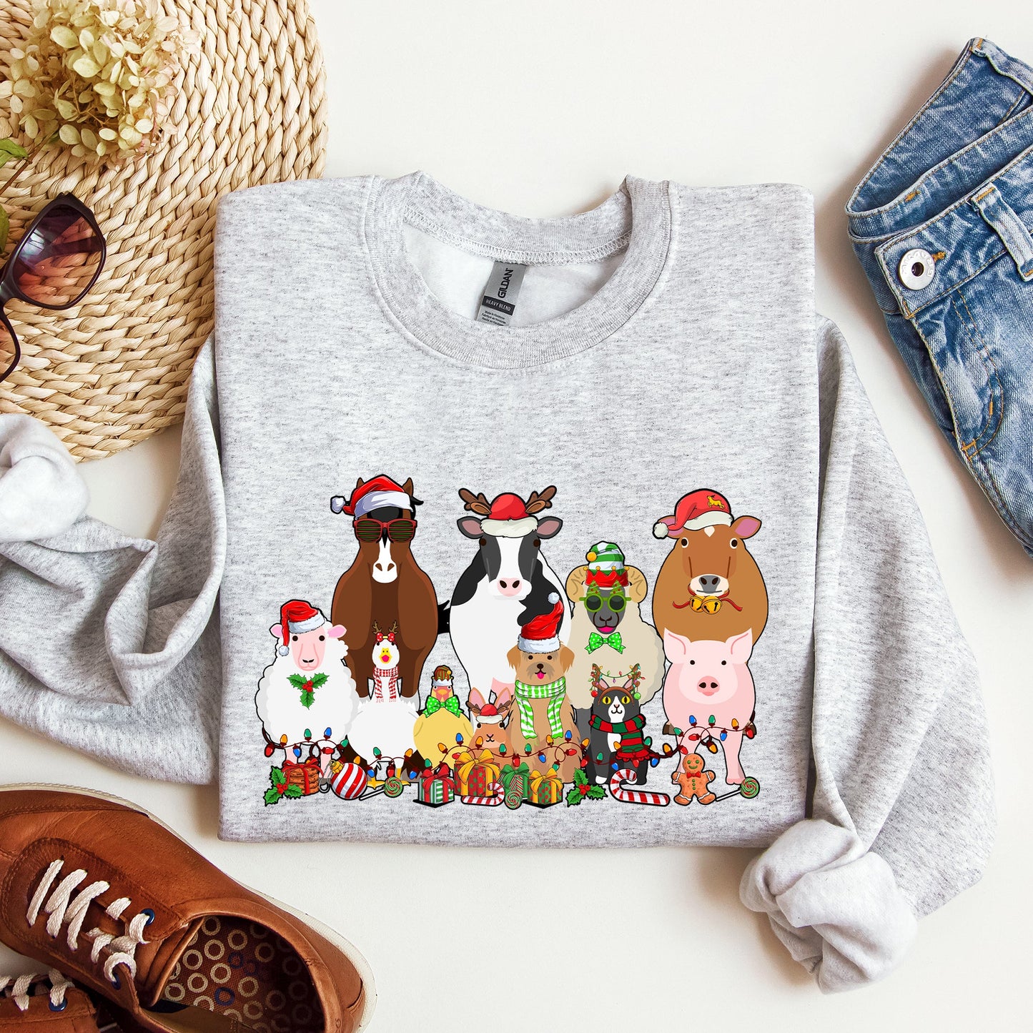 Christmas Farm Animals, Farm Life, Cow, Sheep, Horse, Chicken, Cat, Dog Sweatshirt