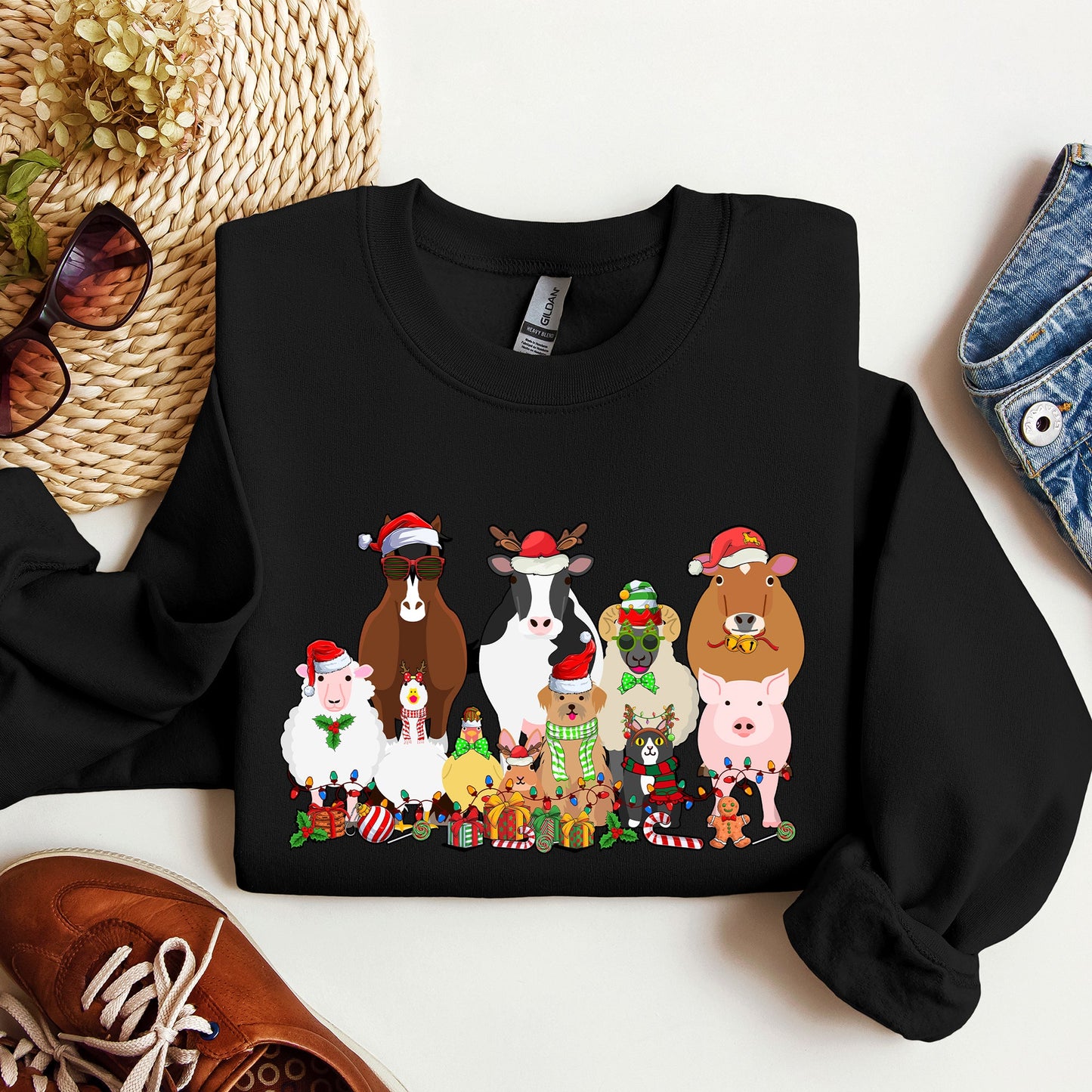 Christmas Farm Animals, Farm Life, Cow, Sheep, Horse, Chicken, Cat, Dog Sweatshirt