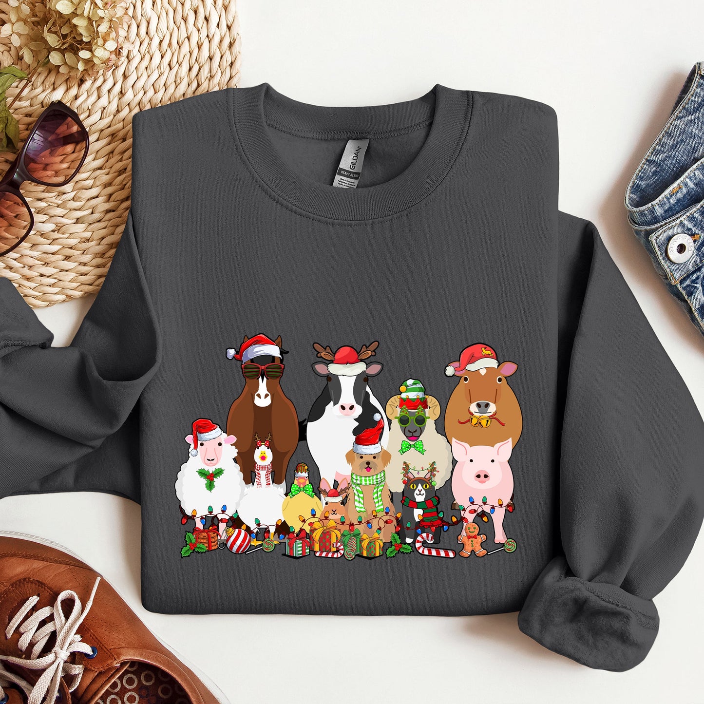 Christmas Farm Animals, Farm Life, Cow, Sheep, Horse, Chicken, Cat, Dog Sweatshirt
