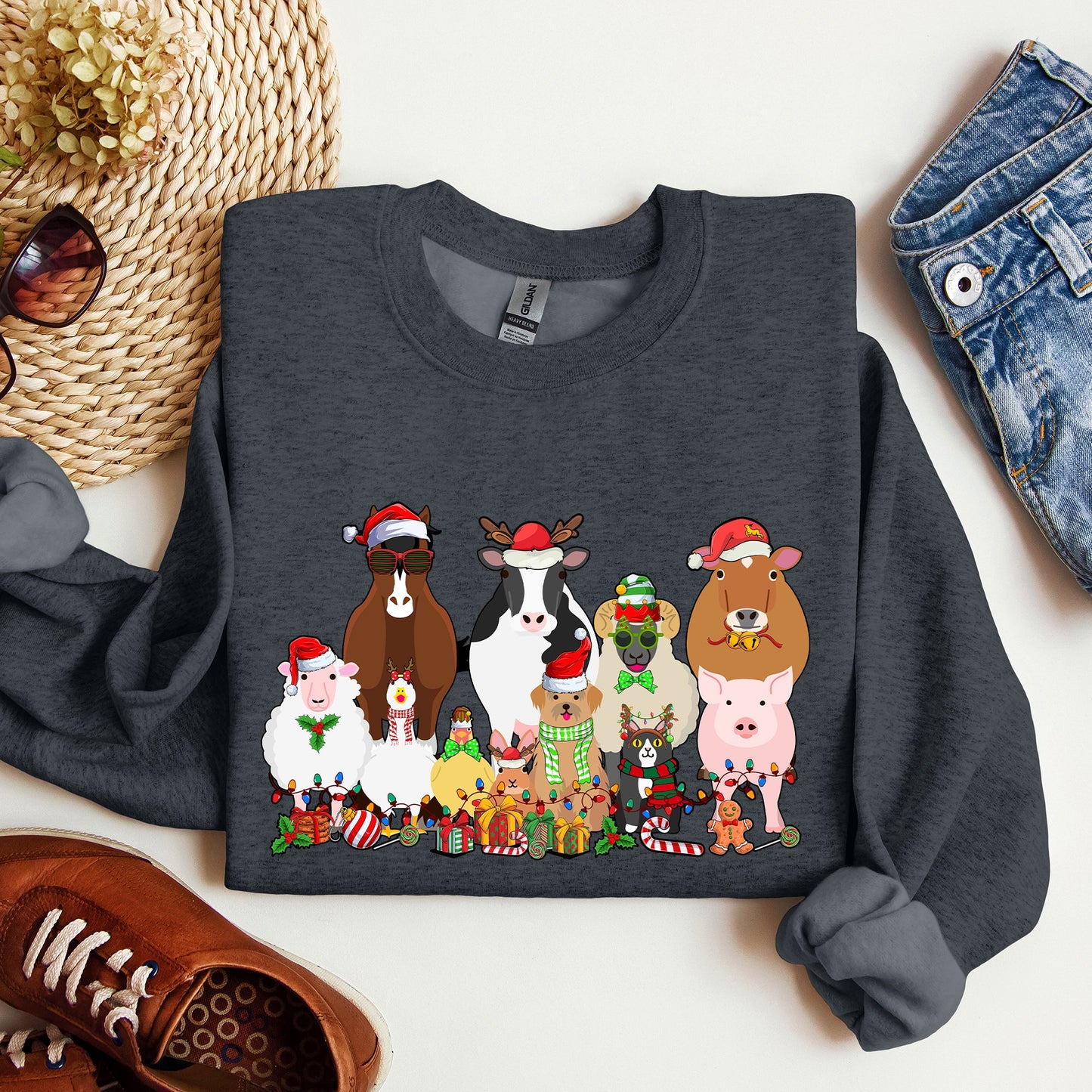 Christmas Farm Animals, Farm Life, Cow, Sheep, Horse, Chicken, Cat, Dog Sweatshirt