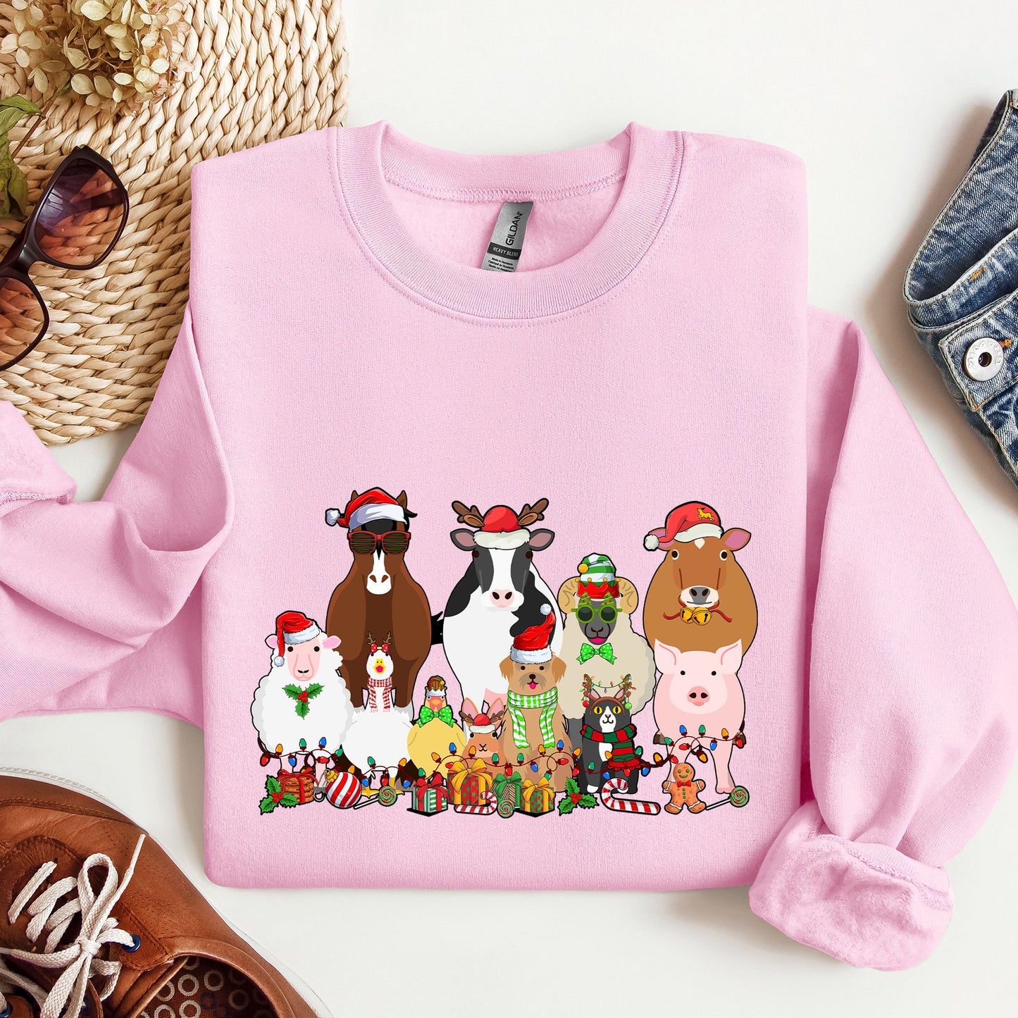 Christmas Farm Animals, Farm Life, Cow, Sheep, Horse, Chicken, Cat, Dog Sweatshirt