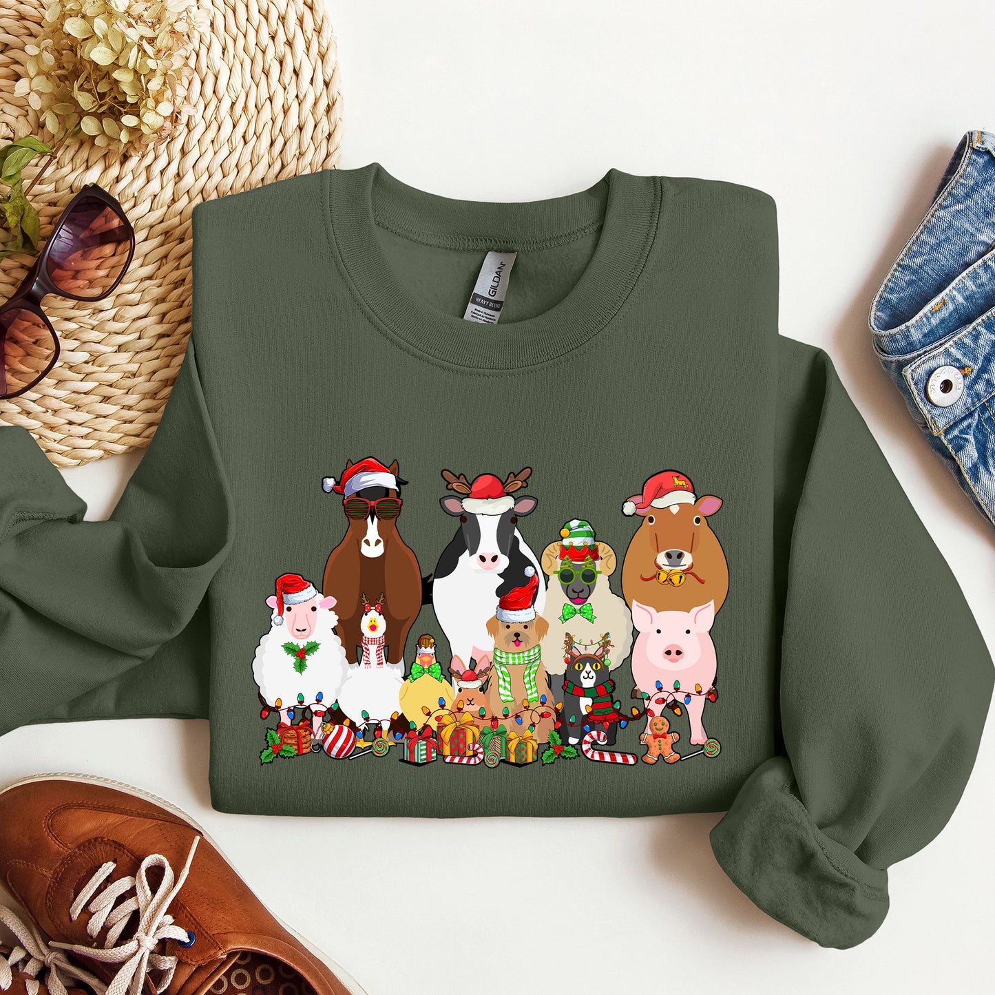 Christmas Farm Animals, Farm Life, Cow, Sheep, Horse, Chicken, Cat, Dog Sweatshirt
