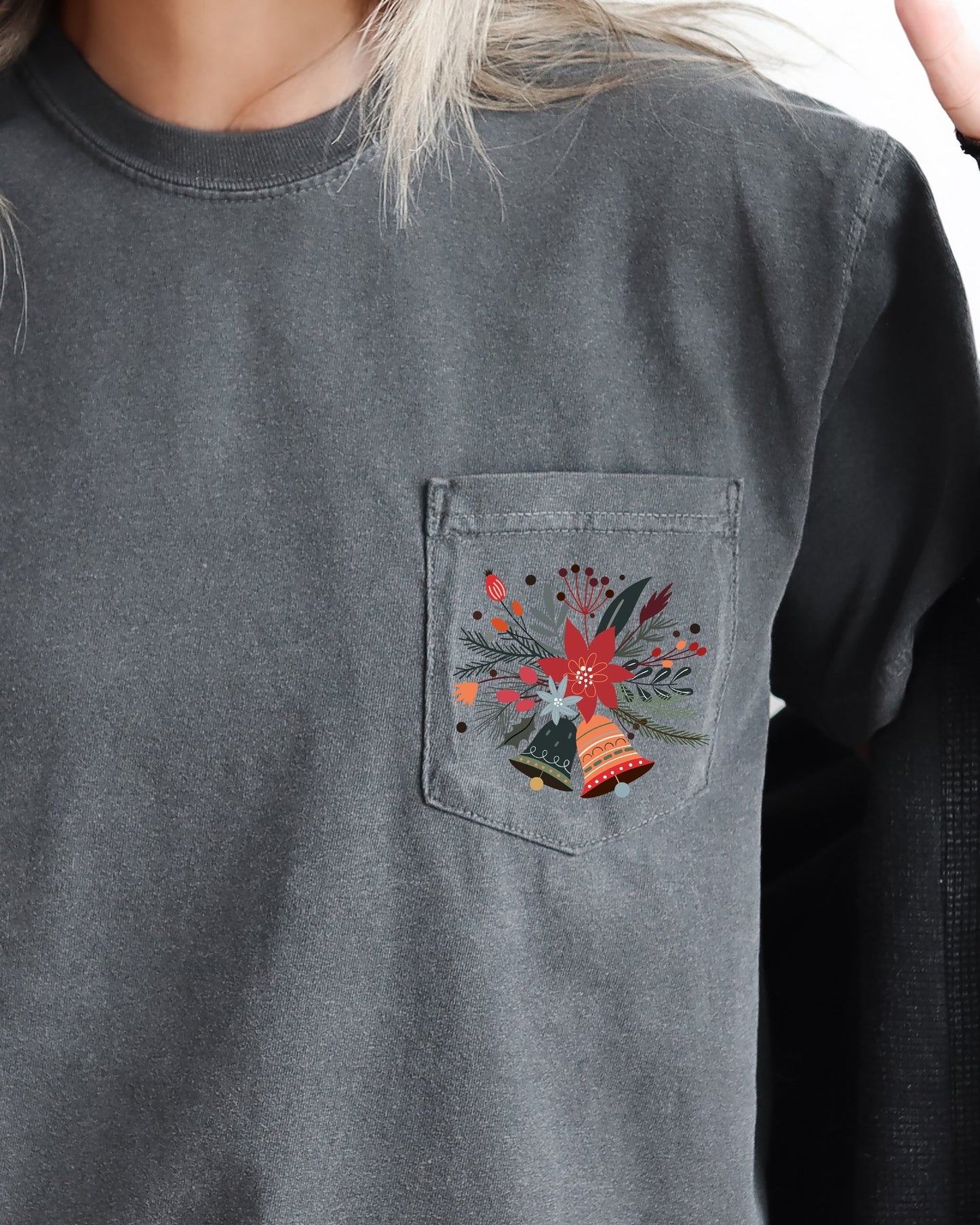 Christmas Flowers, Pocket, Bells, Floral, Poinsettia, Winter, Snow, Botanical, Xmas Pocket Tee Comfort Colors T-Shirt