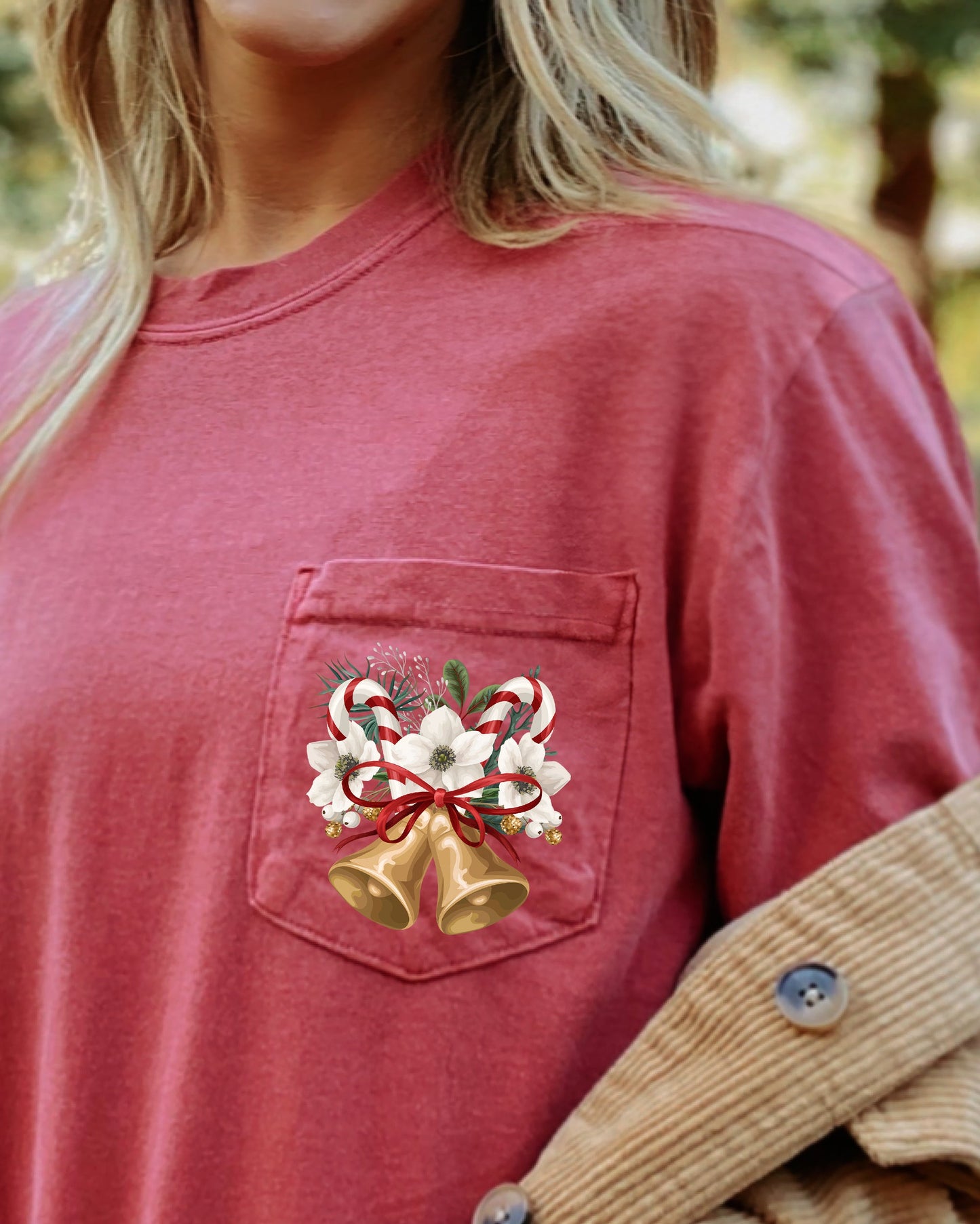 Christmas Flowers, Pocket, Bells, Floral, White Flowers, Winter, Snow, Botanical, Xmas Pocket Tee Comfort Colors T-Shirt