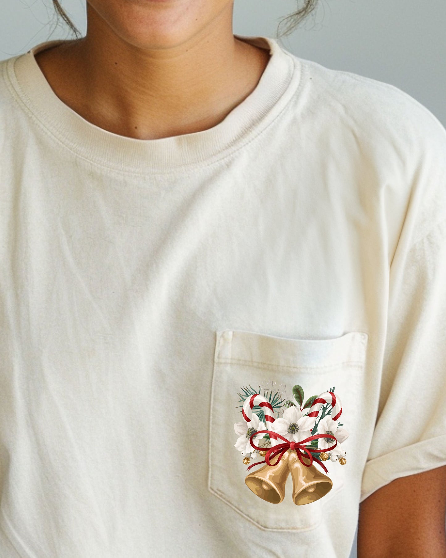 Christmas Flowers, Pocket, Bells, Floral, White Flowers, Winter, Snow, Botanical, Xmas Pocket Tee Comfort Colors T-Shirt