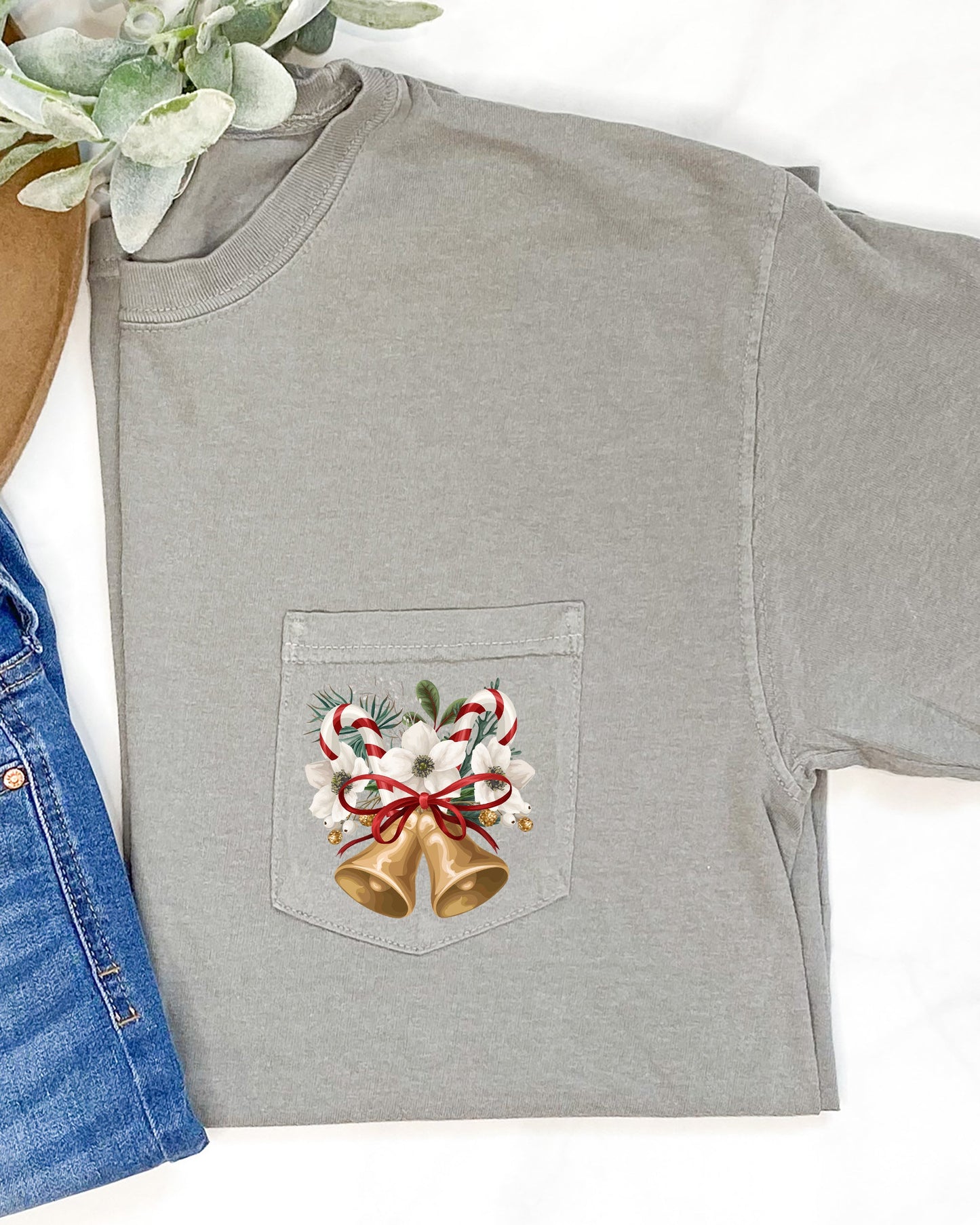 Christmas Flowers, Pocket, Bells, Floral, White Flowers, Winter, Snow, Botanical, Xmas Pocket Tee Comfort Colors T-Shirt