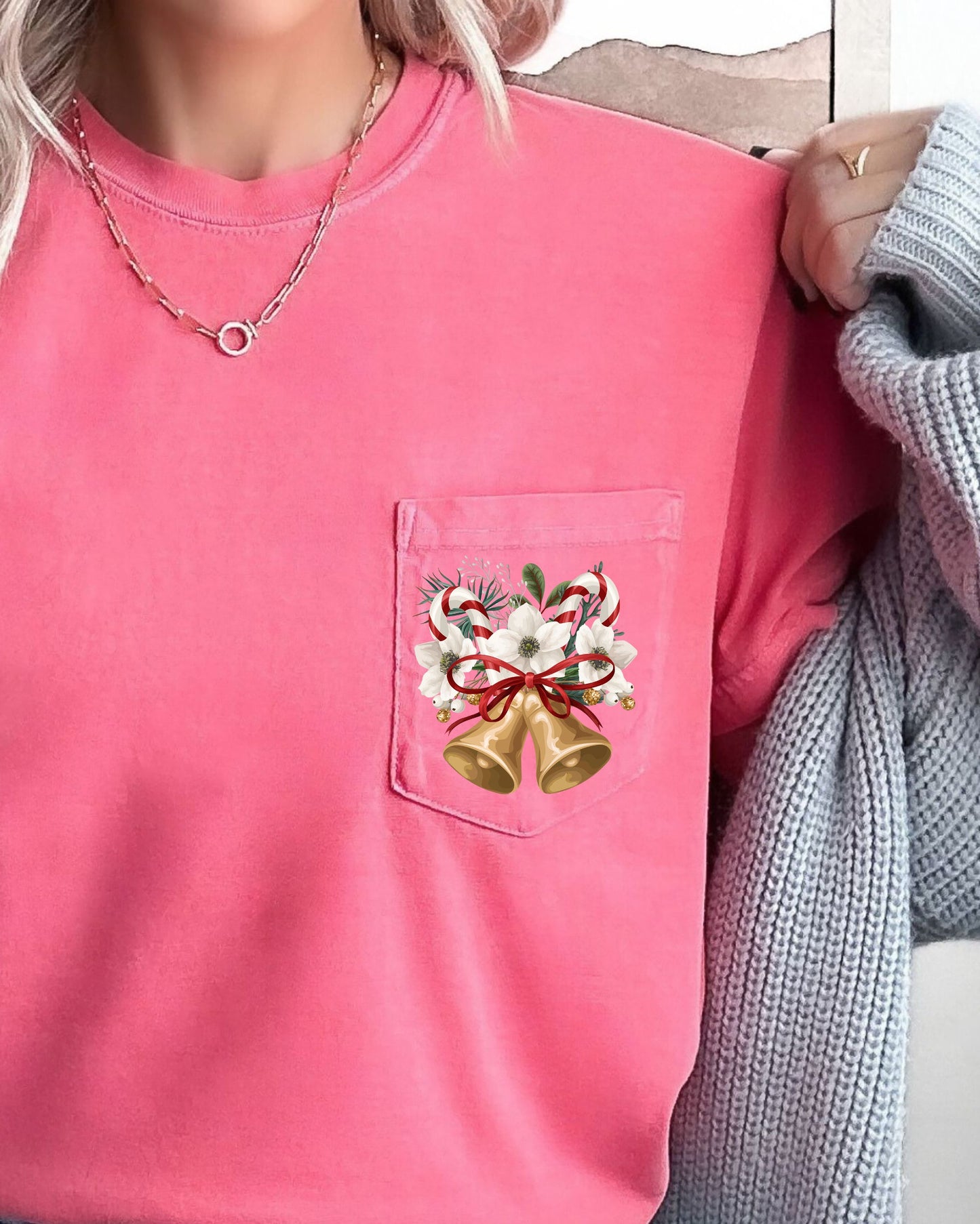 Christmas Flowers, Pocket, Bells, Floral, White Flowers, Winter, Snow, Botanical, Xmas Pocket Tee Comfort Colors T-Shirt