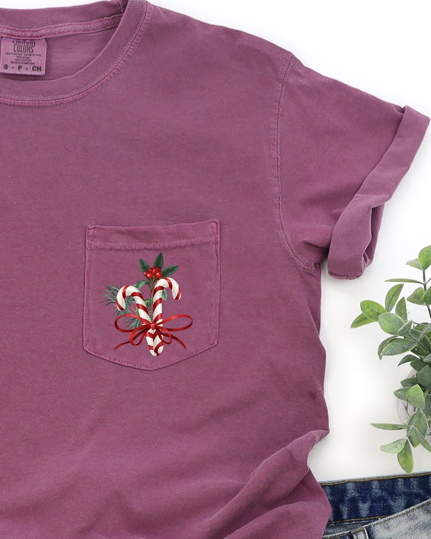 Christmas Flowers, Pocket, Candy Cane, Ribbon, Floral, Mistle Toe, Winter, Snow, Botanical, Xmas Pocket Tee Comfort Colors T-Shirt