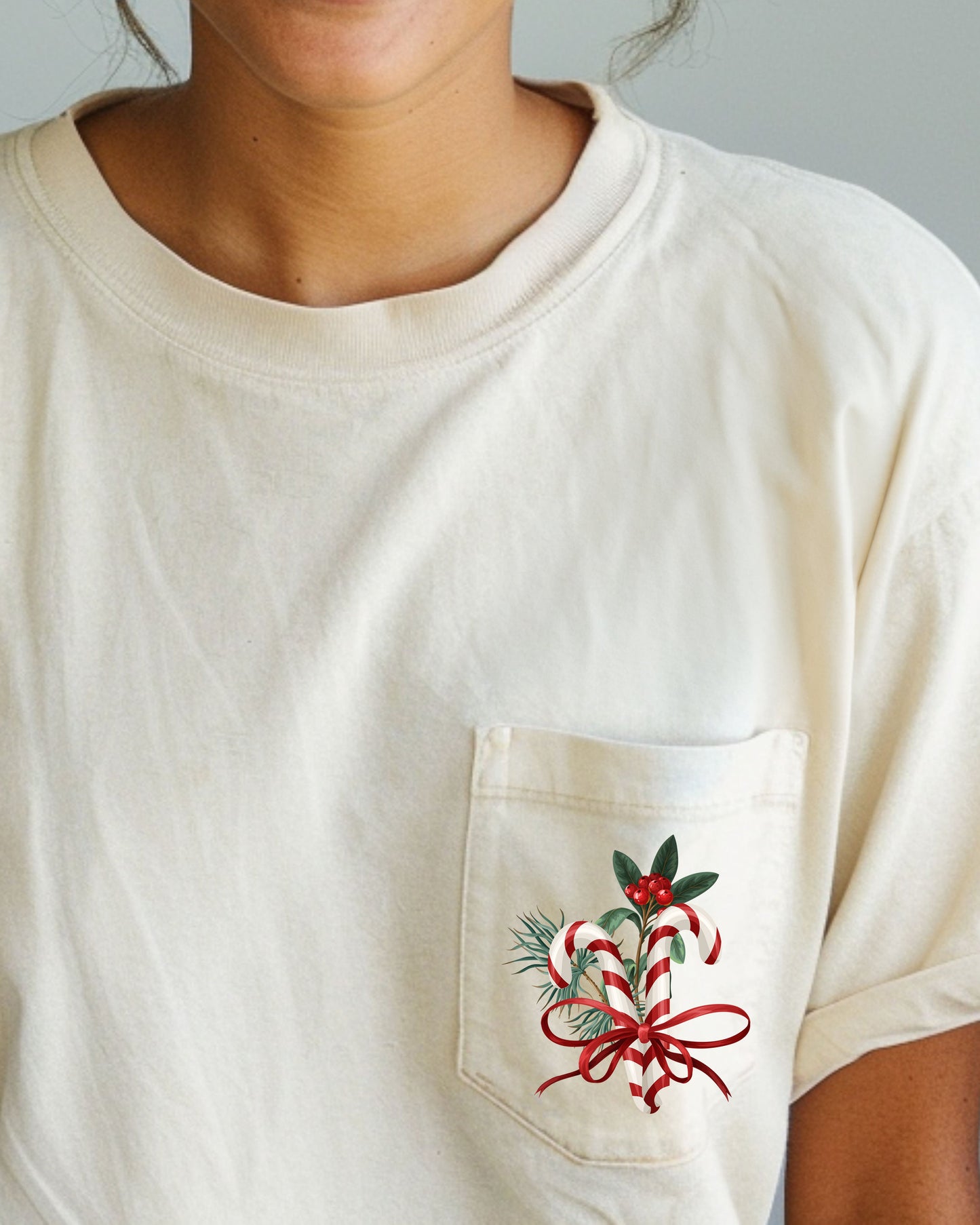 Christmas Flowers, Pocket, Candy Cane, Ribbon, Floral, Mistle Toe, Winter, Snow, Botanical, Xmas Pocket Tee Comfort Colors T-Shirt