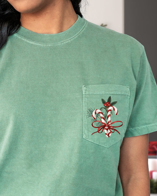 Christmas Flowers, Pocket, Candy Cane, Ribbon, Floral, Mistle Toe, Winter, Snow, Botanical, Xmas Pocket Tee Comfort Colors T-Shirt