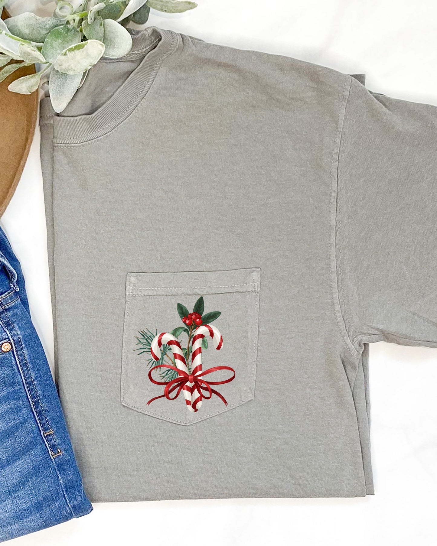 Christmas Flowers, Pocket, Candy Cane, Ribbon, Floral, Mistle Toe, Winter, Snow, Botanical, Xmas Pocket Tee Comfort Colors T-Shirt
