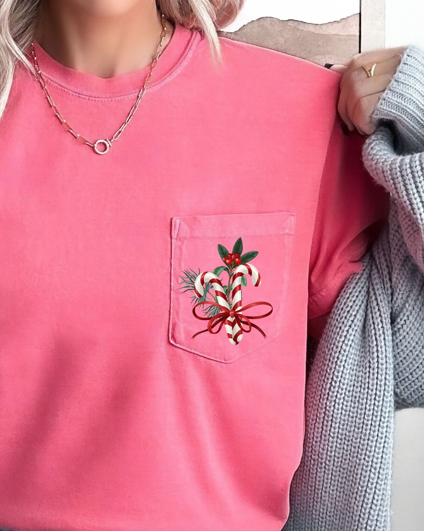 Christmas Flowers, Pocket, Candy Cane, Ribbon, Floral, Mistle Toe, Winter, Snow, Botanical, Xmas Pocket Tee Comfort Colors T-Shirt