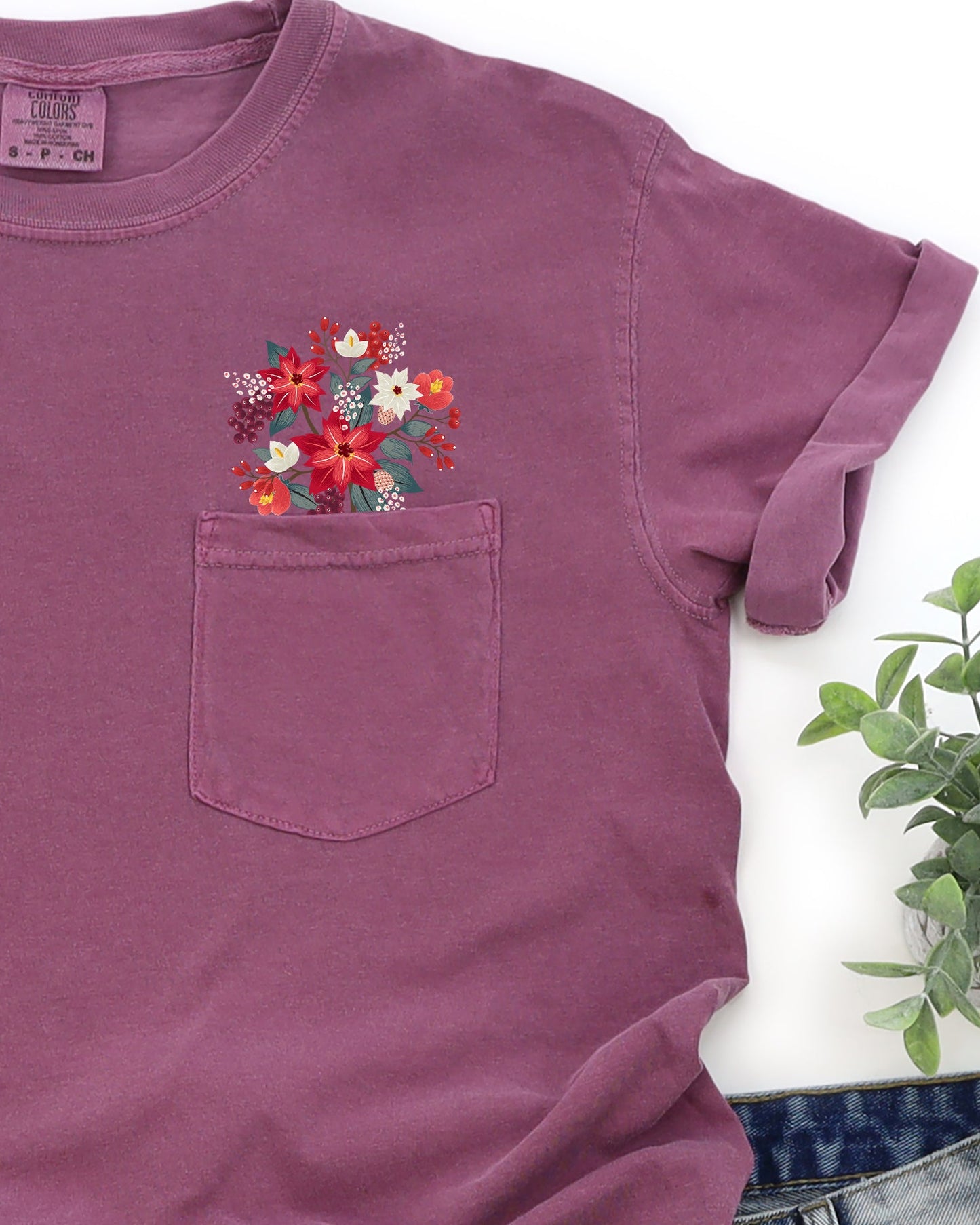 Christmas Flowers, Pocket, Floral, Berries, Poinsettia, Winter, Snow, Botanical, Xmas Pocket Tee Comfort Colors T-Shirt