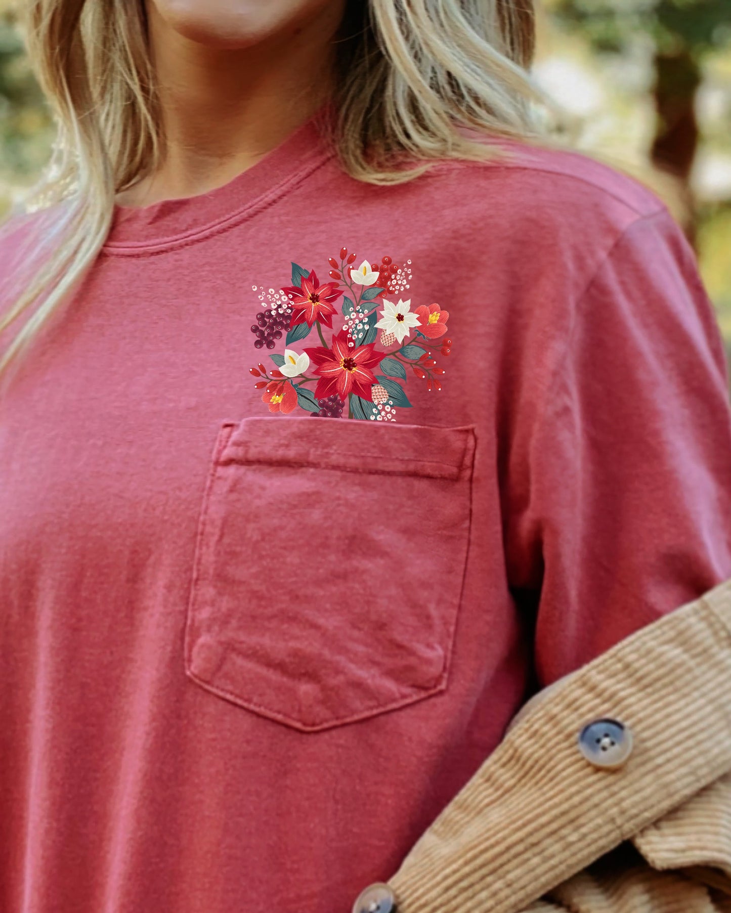Christmas Flowers, Pocket, Floral, Berries, Poinsettia, Winter, Snow, Botanical, Xmas Pocket Tee Comfort Colors T-Shirt