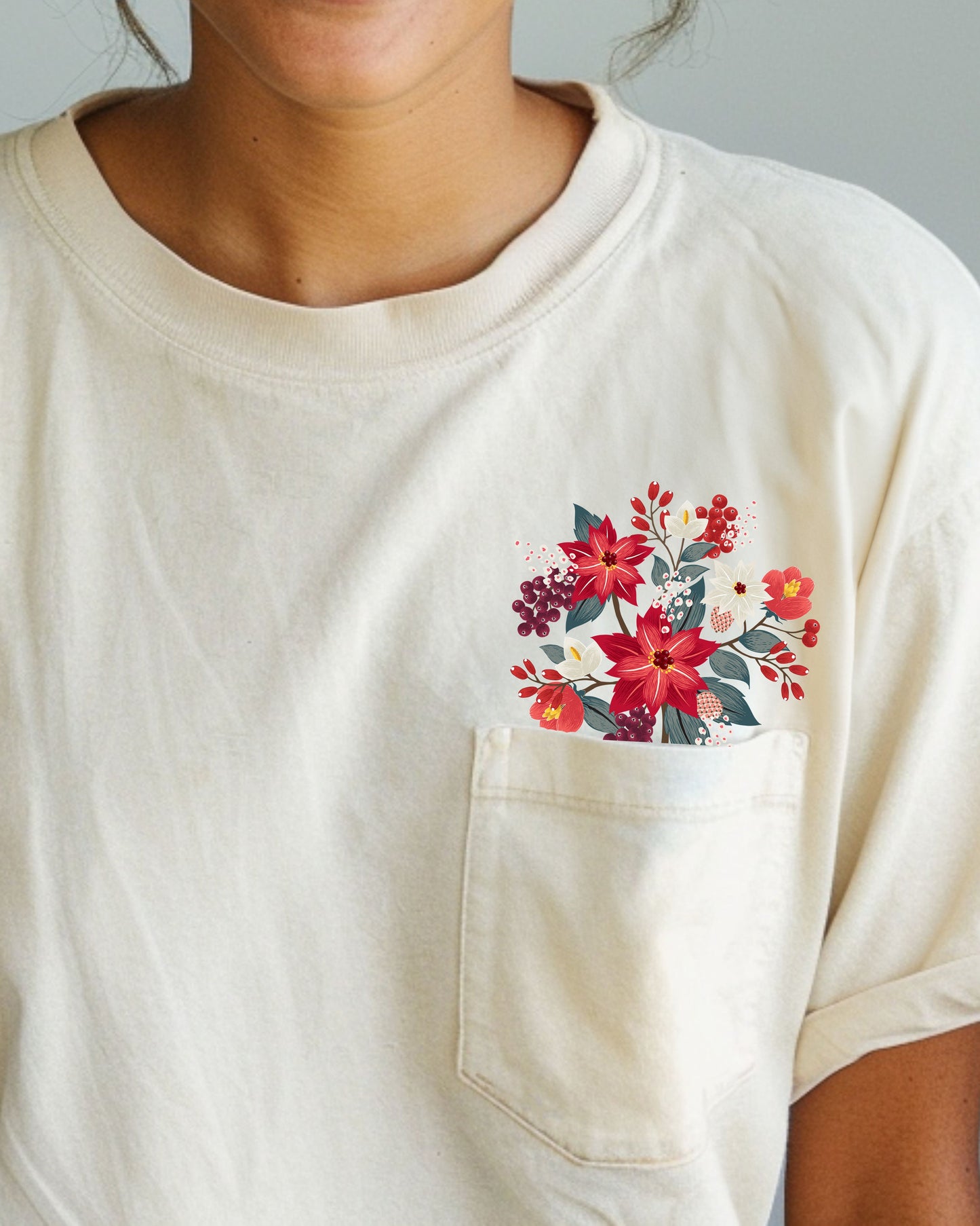 Christmas Flowers, Pocket, Floral, Berries, Poinsettia, Winter, Snow, Botanical, Xmas Pocket Tee Comfort Colors T-Shirt