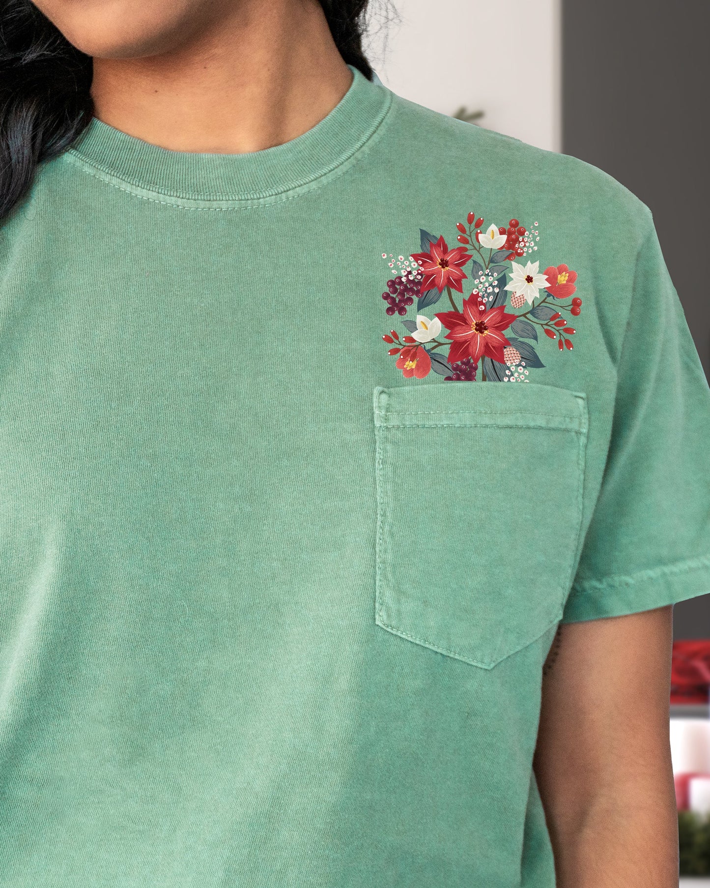 Christmas Flowers, Pocket, Floral, Berries, Poinsettia, Winter, Snow, Botanical, Xmas Pocket Tee Comfort Colors T-Shirt