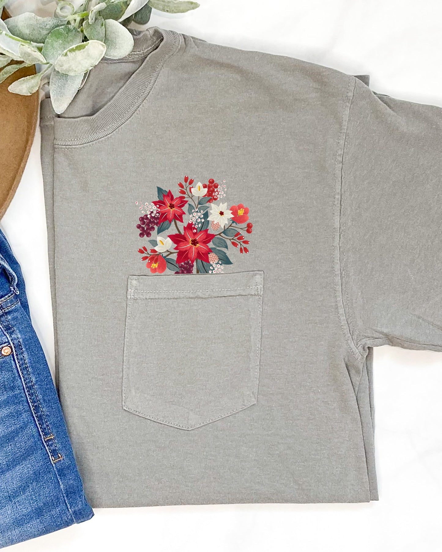 Christmas Flowers, Pocket, Floral, Berries, Poinsettia, Winter, Snow, Botanical, Xmas Pocket Tee Comfort Colors T-Shirt