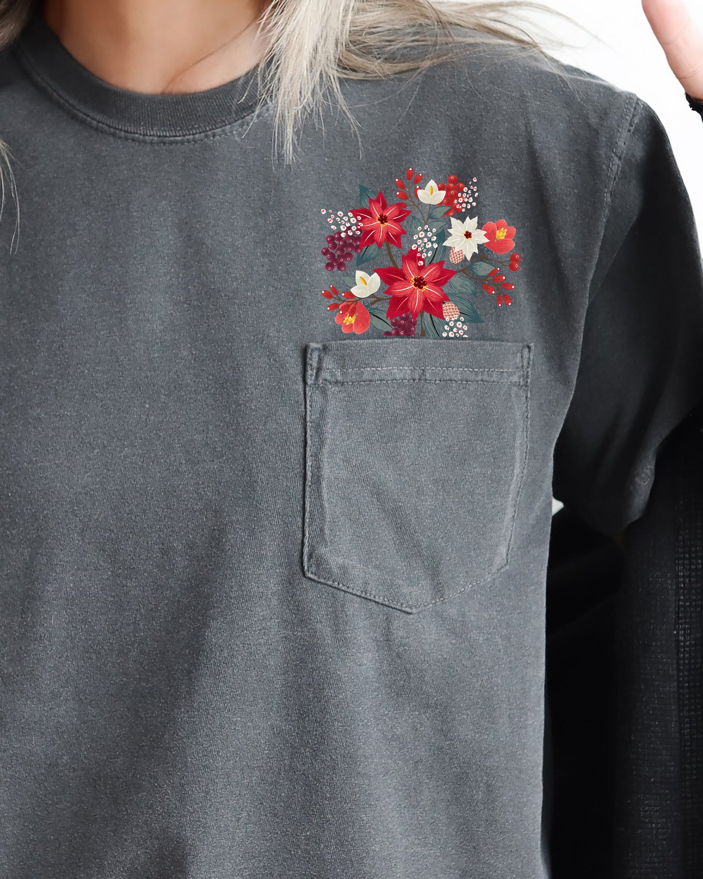 Christmas Flowers, Pocket, Floral, Berries, Poinsettia, Winter, Snow, Botanical, Xmas Pocket Tee Comfort Colors T-Shirt