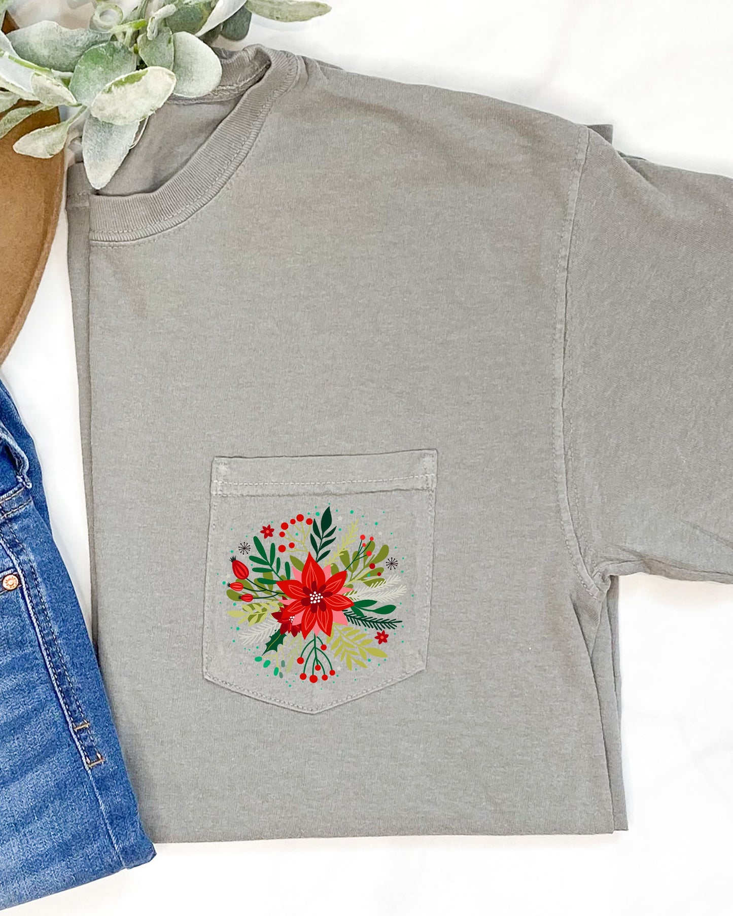 Christmas Flowers, Pocket, Floral, Circle, Poinsettia, Winter, Snow, Botanical, Xmas Pocket Tee Comfort Colors T-Shirt