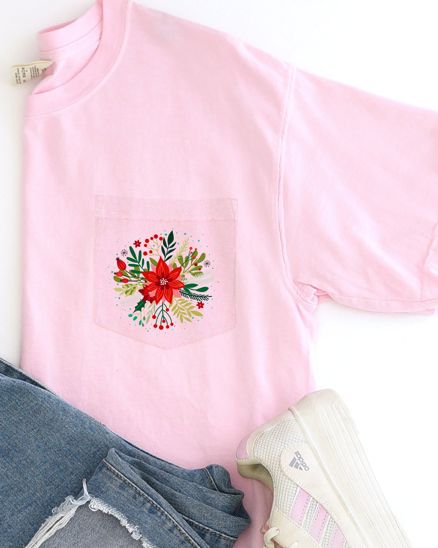 Christmas Flowers, Pocket, Floral, Circle, Poinsettia, Winter, Snow, Botanical, Xmas Pocket Tee Comfort Colors T-Shirt