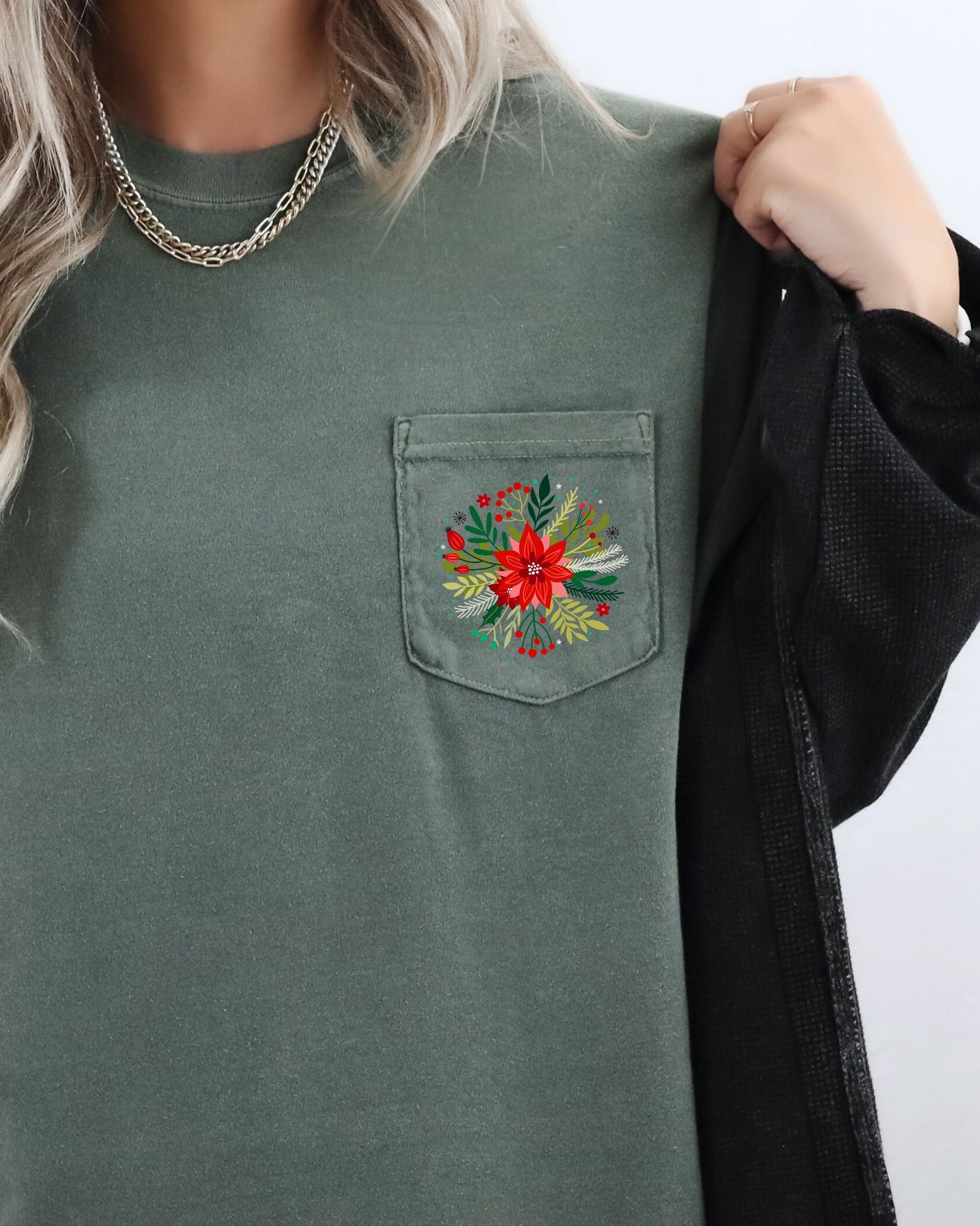 Christmas Flowers, Pocket, Floral, Circle, Poinsettia, Winter, Snow, Botanical, Xmas Pocket Tee Comfort Colors T-Shirt